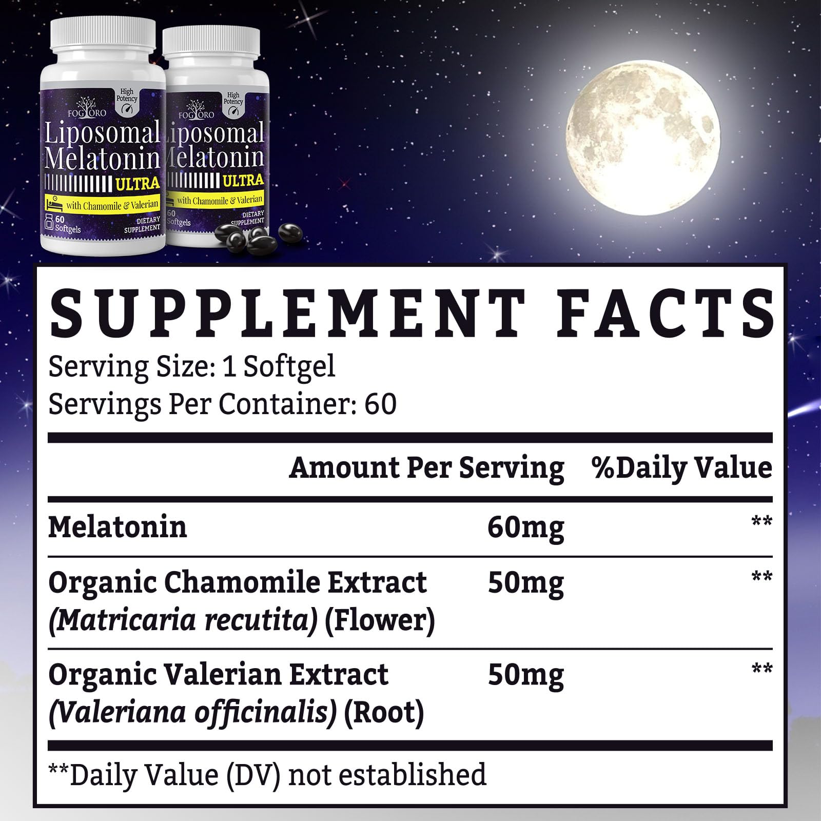 Fogoro Melatonin 60mg softgel capsules side view showing packaging
