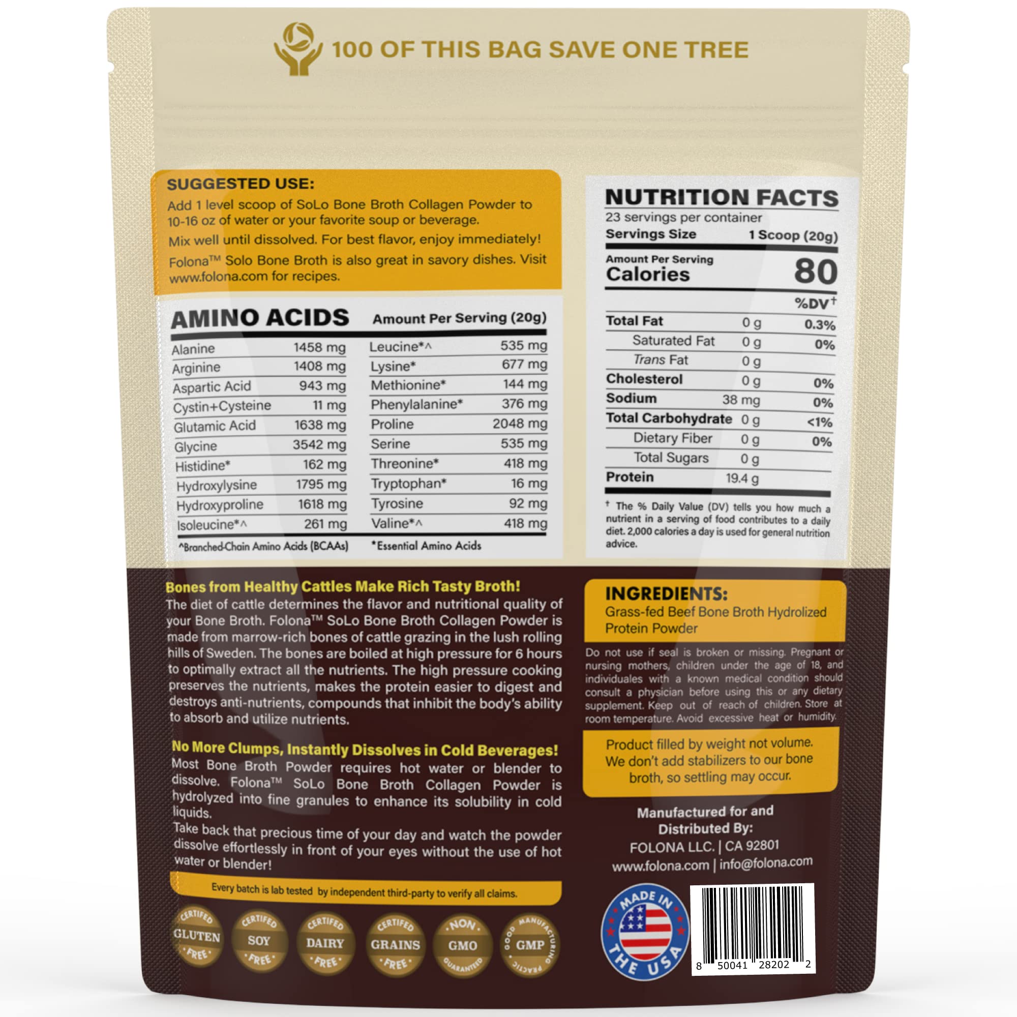 FOLONA Bone Broth Protein Powder 454g packaging