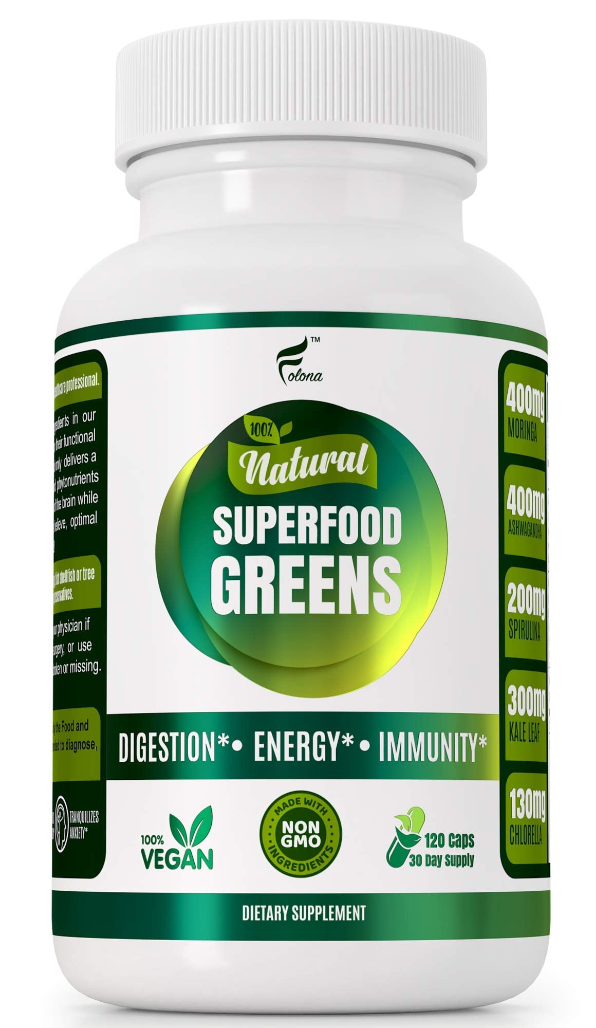 FOLONA Chlorella Superfood Greens 120 capsules bottle front view