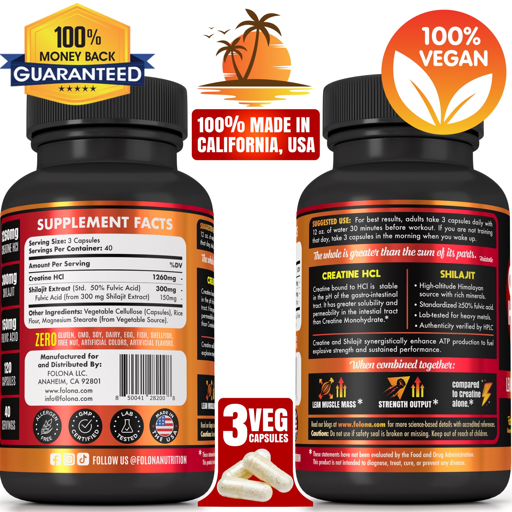 FOLONA Creatine HCl with Shilajit 90 Capsules side view