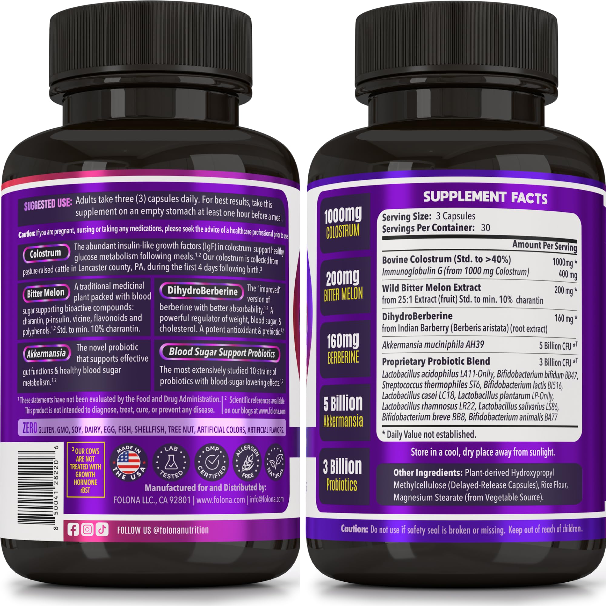 FOLONA Holistic Diabetic Support Supplement bottle side view