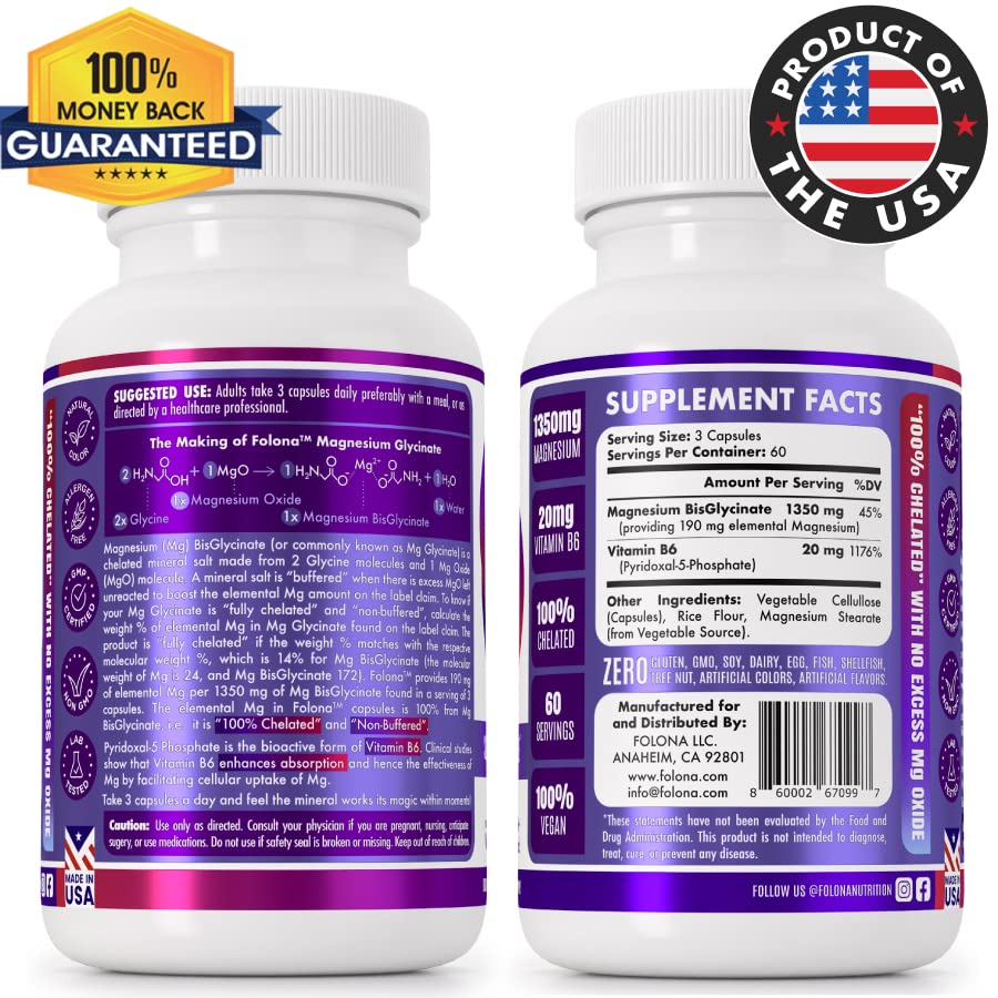 FOLONA Magnesium Glycinate capsules side view showing dosage