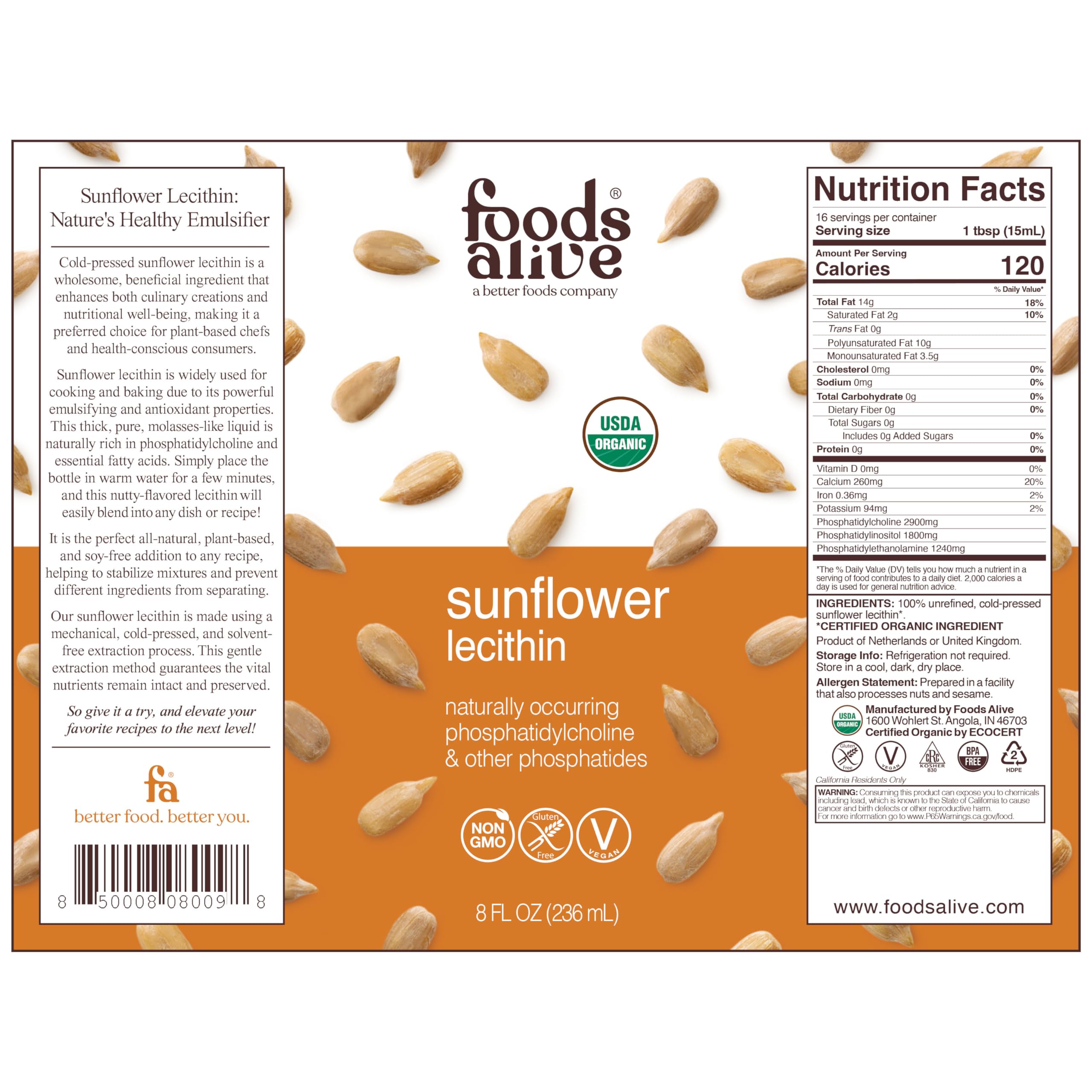 Foods Alive Sunflower Lecithin Liquid 272g packaging details