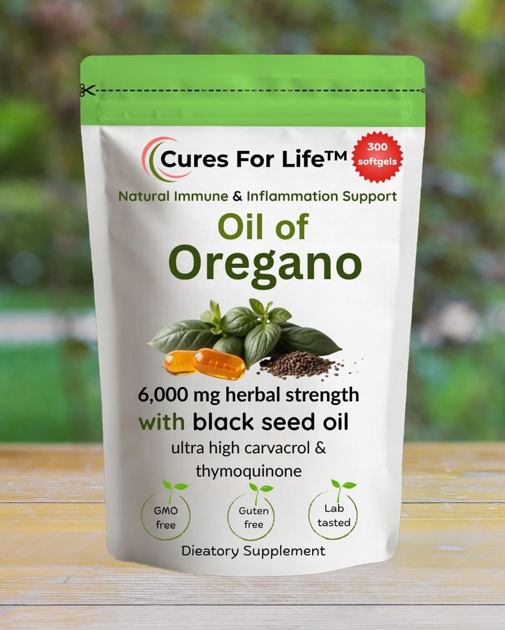 For Life Oregano Oil Softgels side view showing softgel count