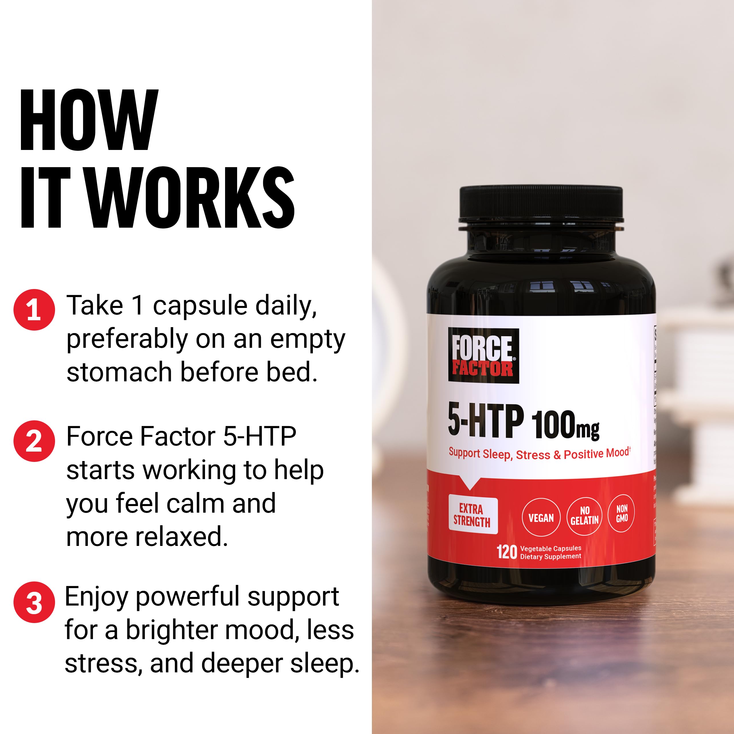 Force Factor 5-HTP capsules on a wooden surface