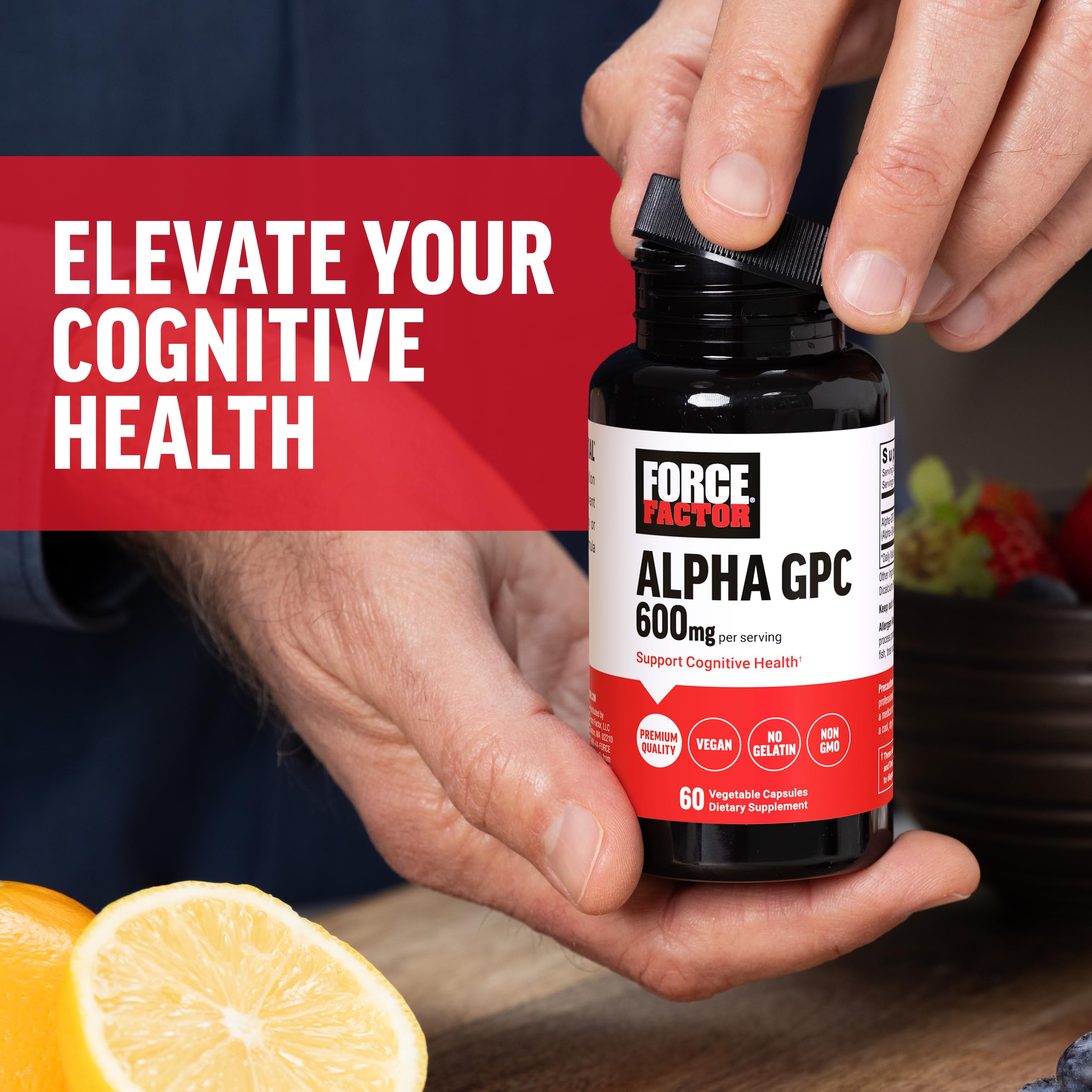 Force Factor Alpha GPC 300mg supplement on a wooden table