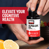 Force Factor Alpha GPC 300mg supplement on a wooden table