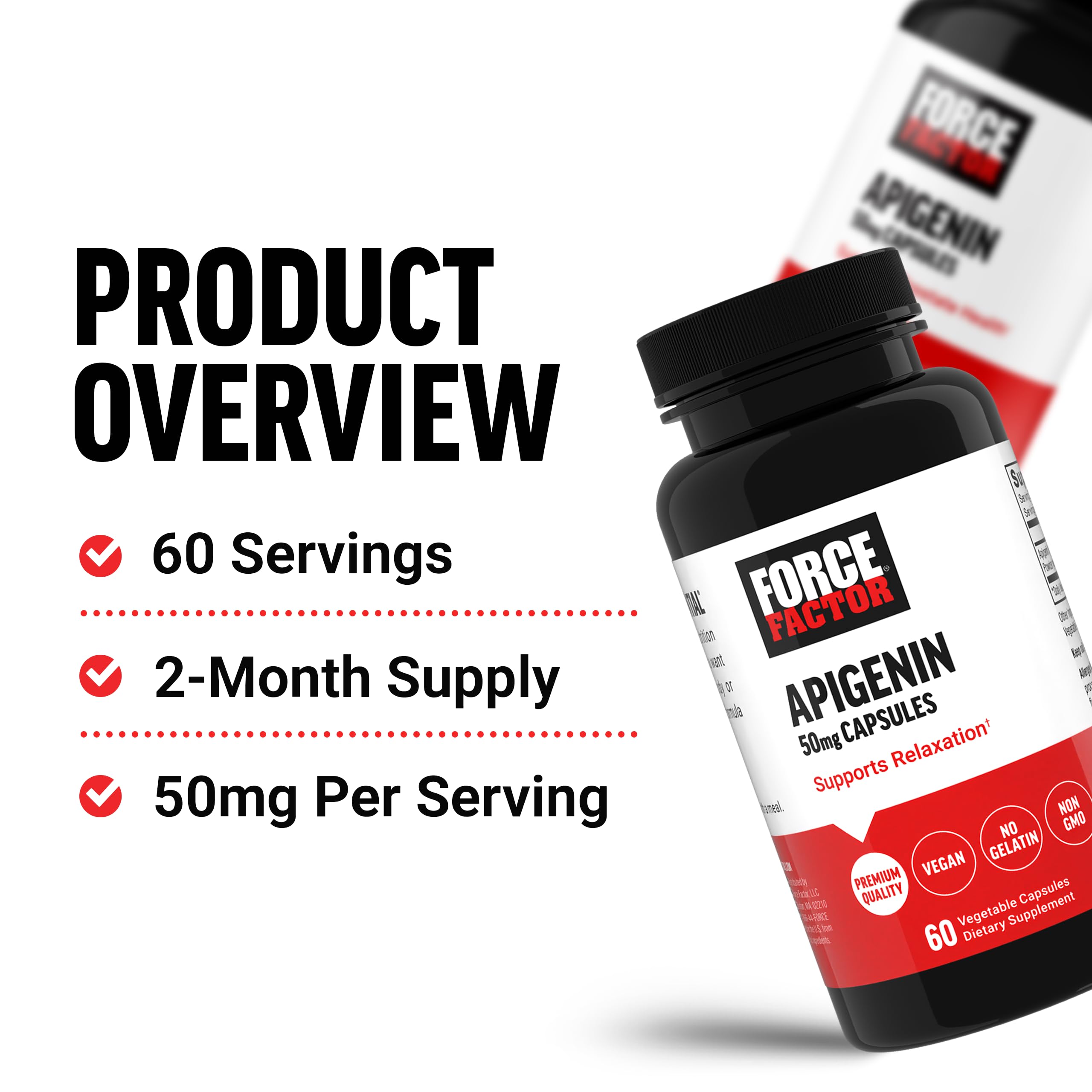 Force Factor Apigenin 50mg supplement bottle with label