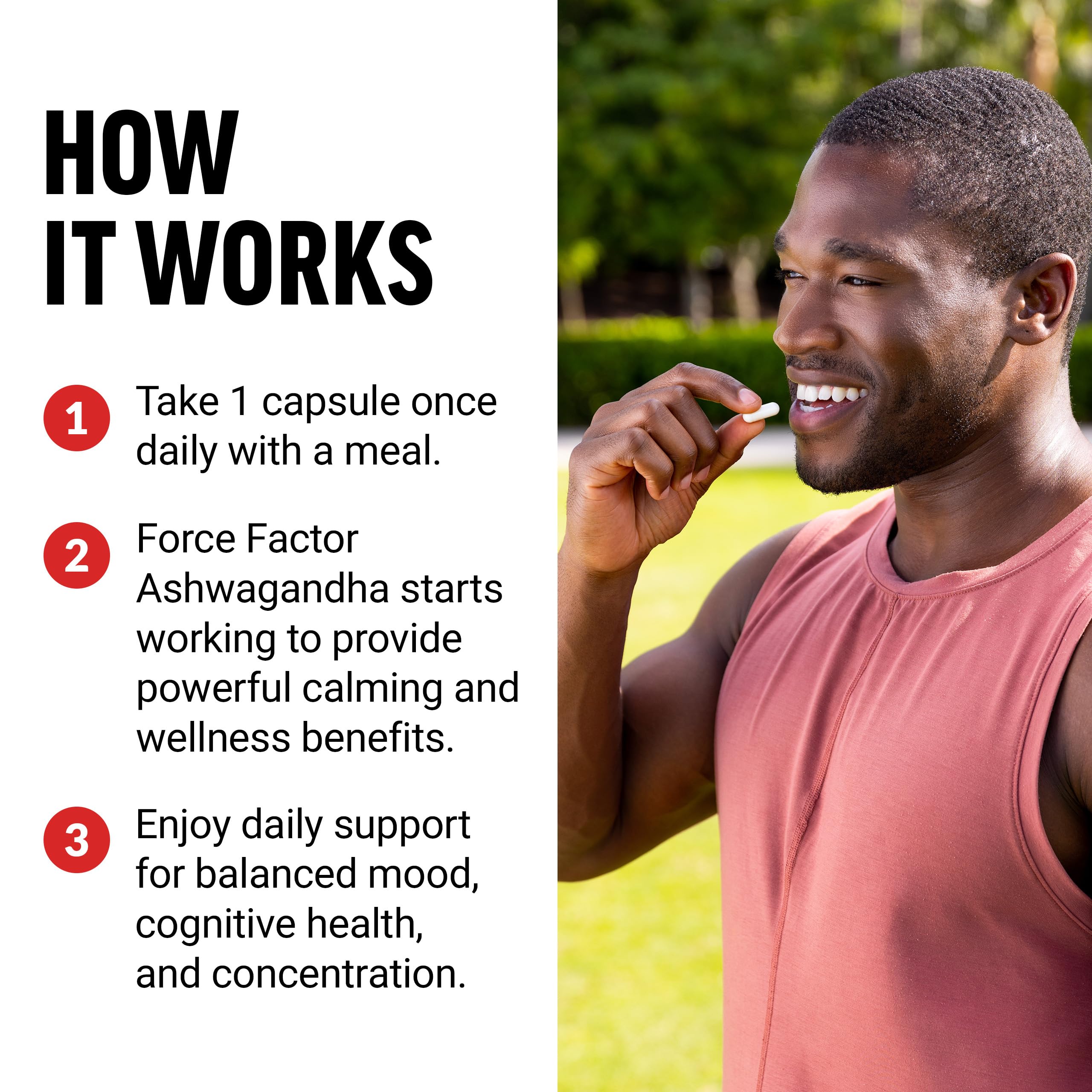 Force Factor Ashwagandha 600mg capsules on a wooden table