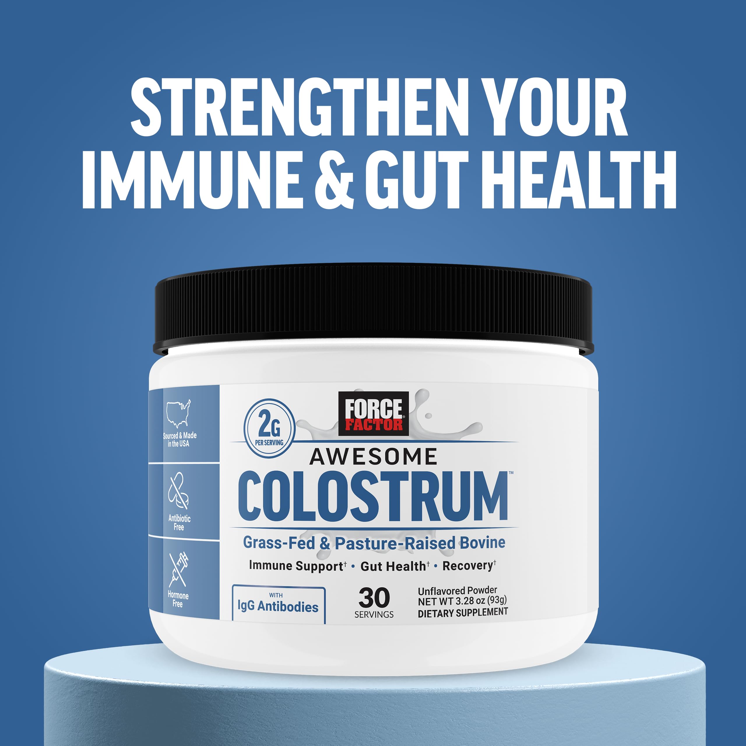 Force Factor Awesome Colostrum Powder 93g on a kitchen counter