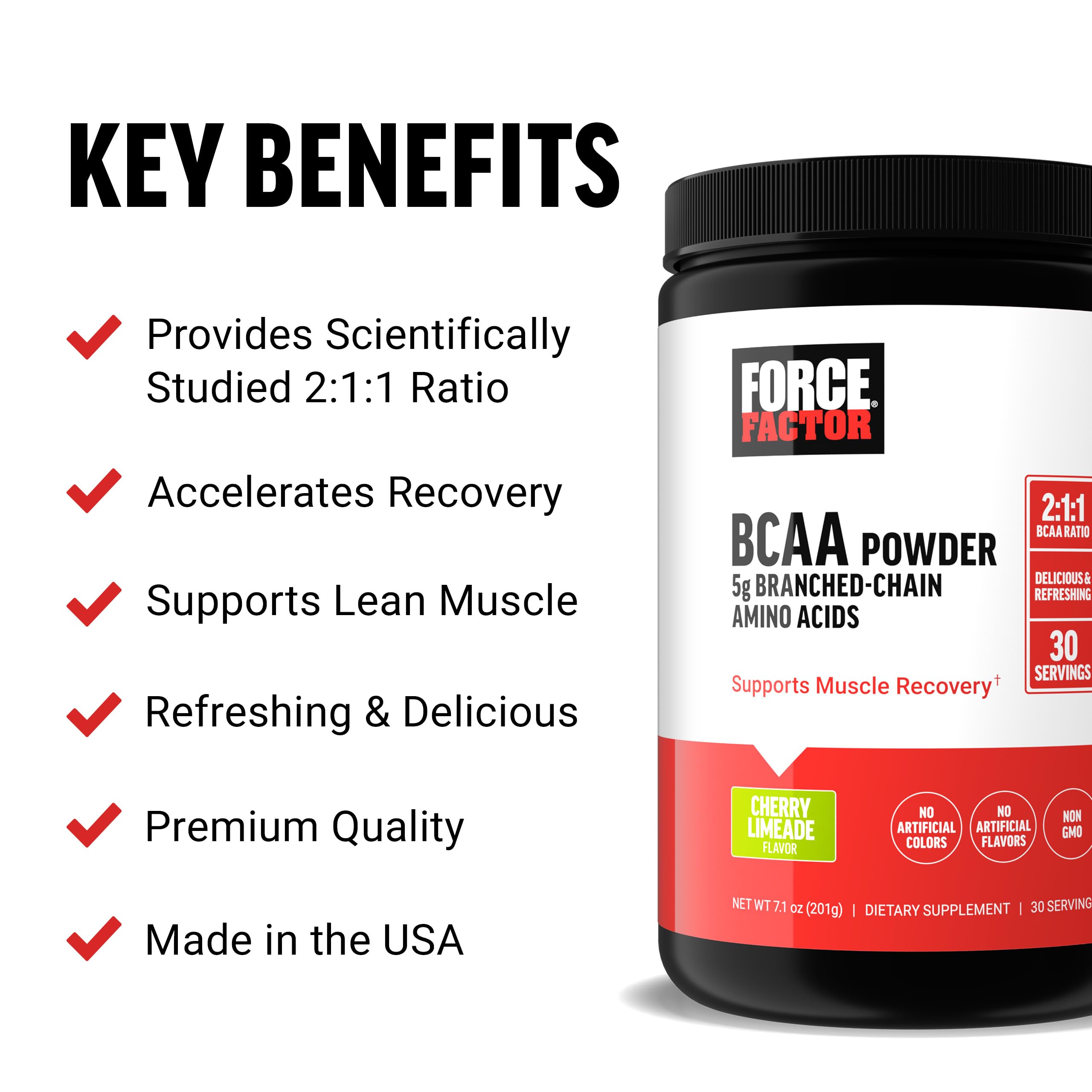 Force Factor BCAA Powder 7g side view with scoop