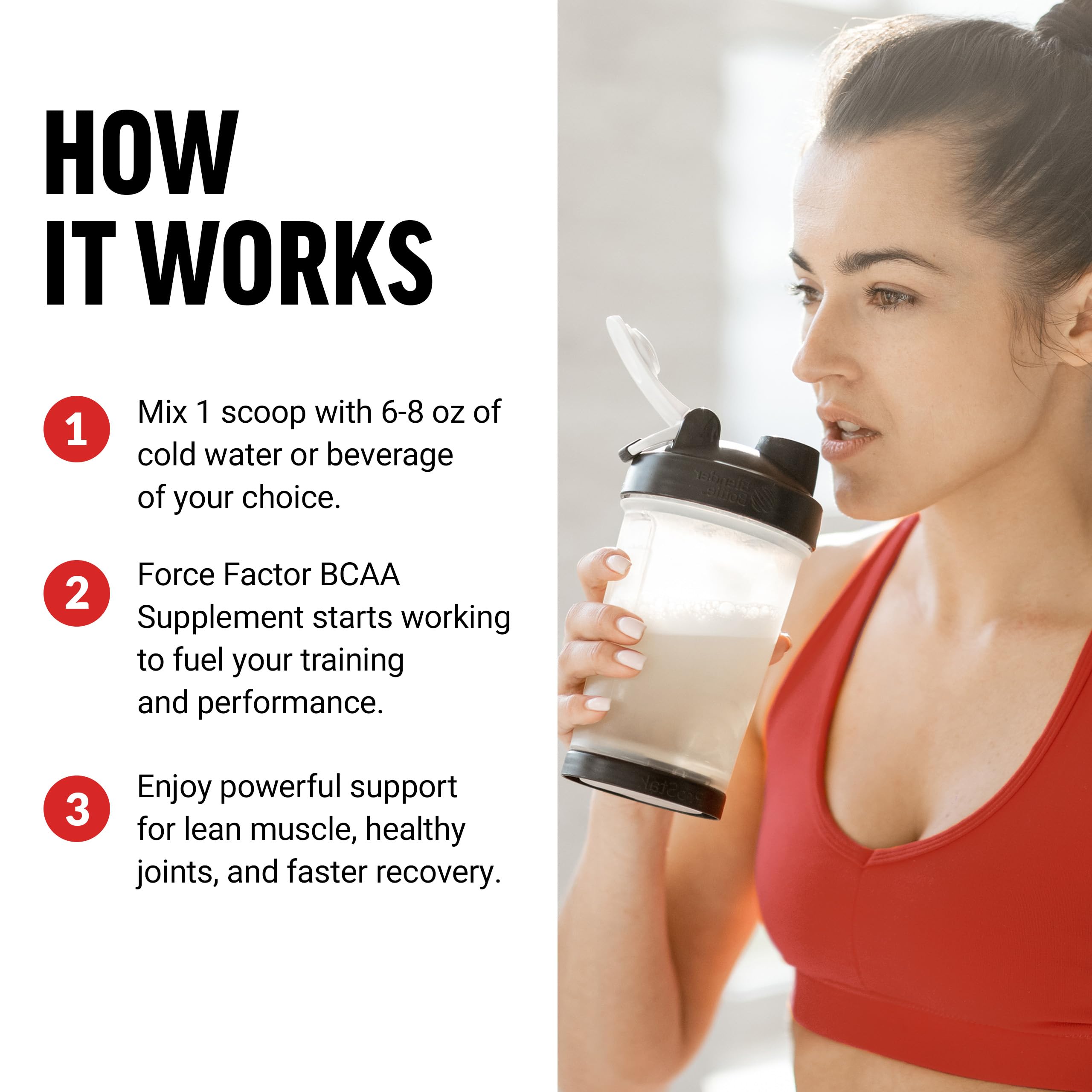 Force Factor BCAA Powder 7g with gym equipment