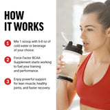 Force Factor BCAA Powder 7g with gym equipment
