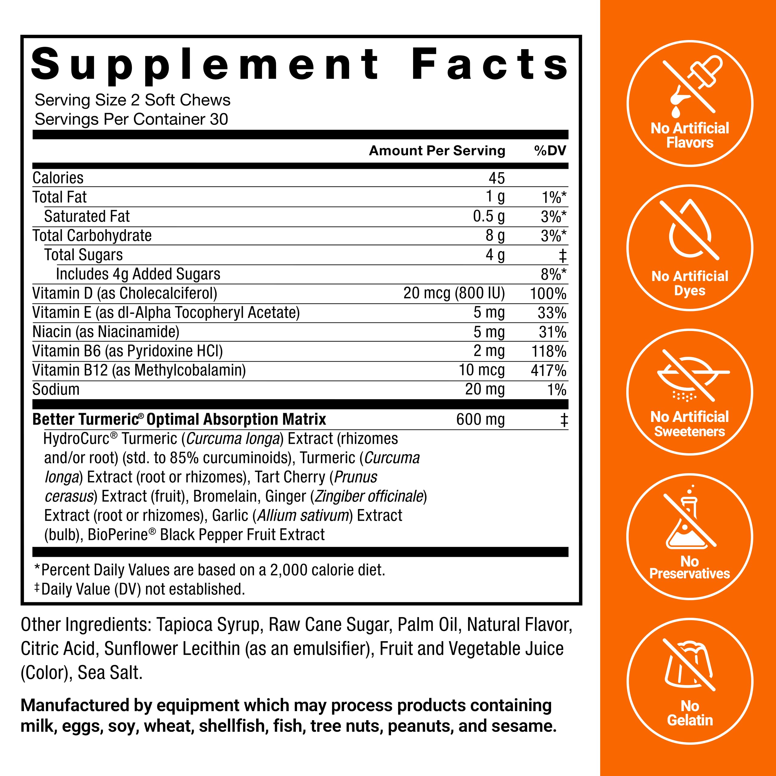 Force Factor Better Turmeric Soft Chews nutritional information