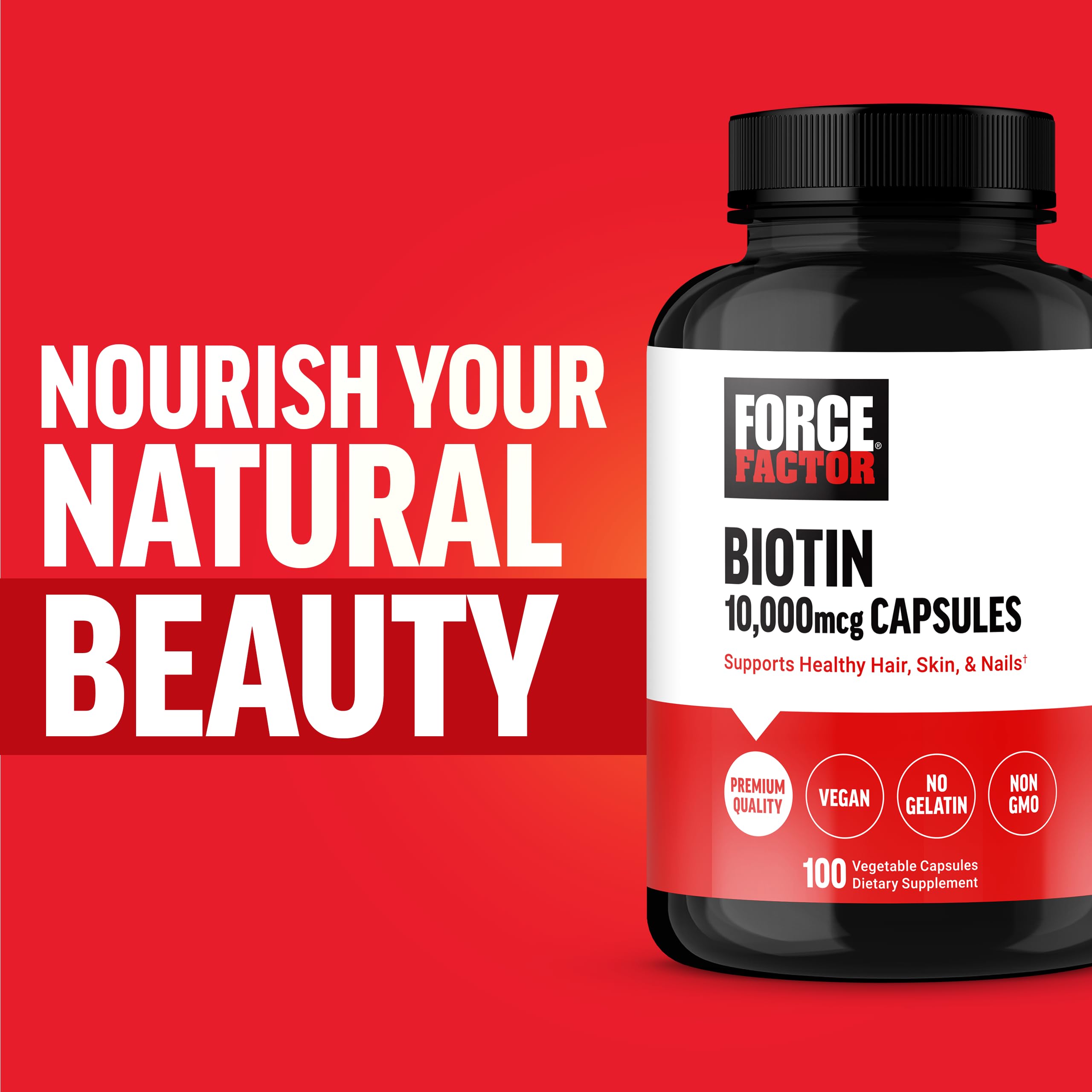 Force Factor Biotin 10000mcg capsules with a measuring spoon