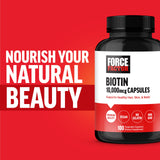 Force Factor Biotin 10000mcg capsules with a measuring spoon