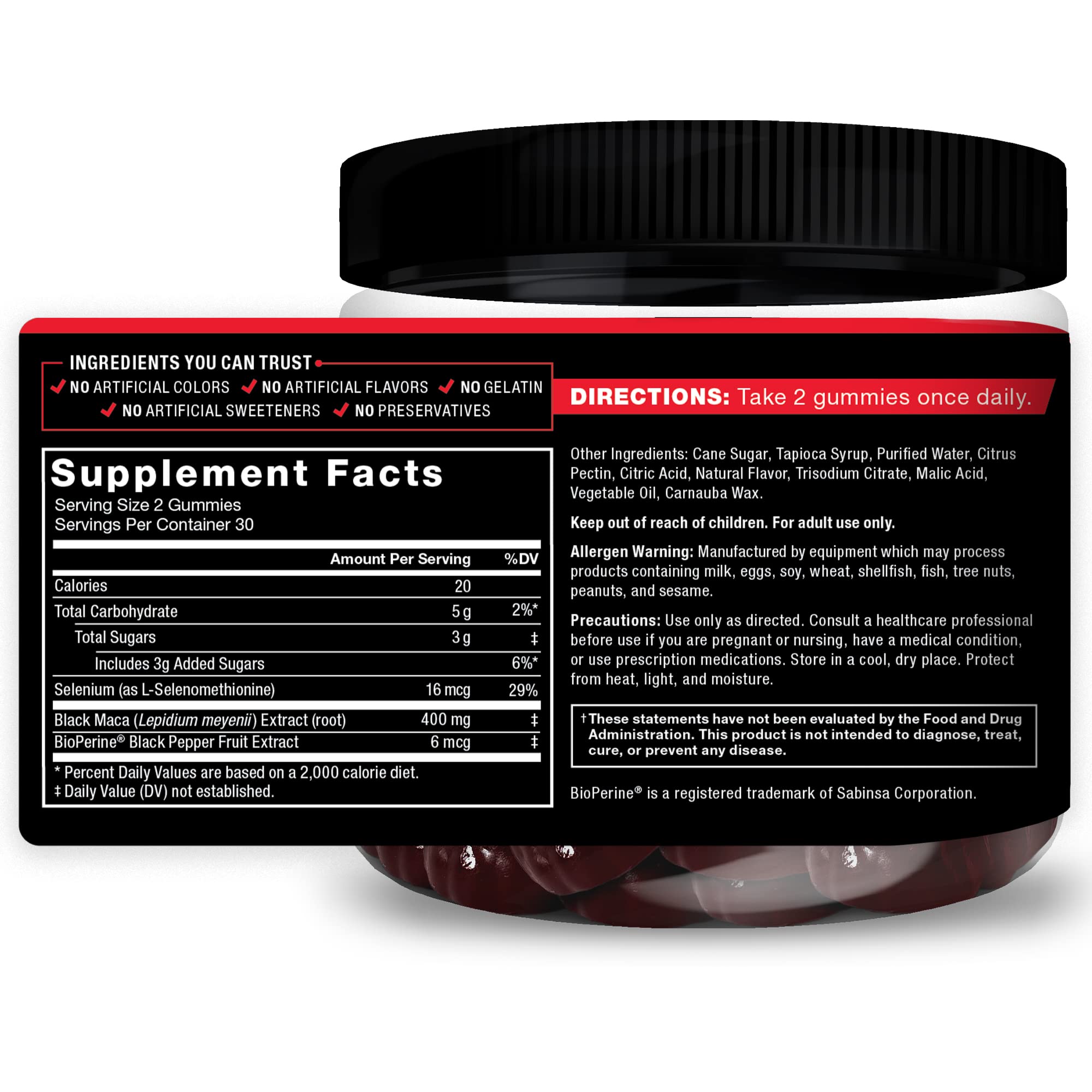 Force Factor Black Maca Gummies nutritional information on packaging