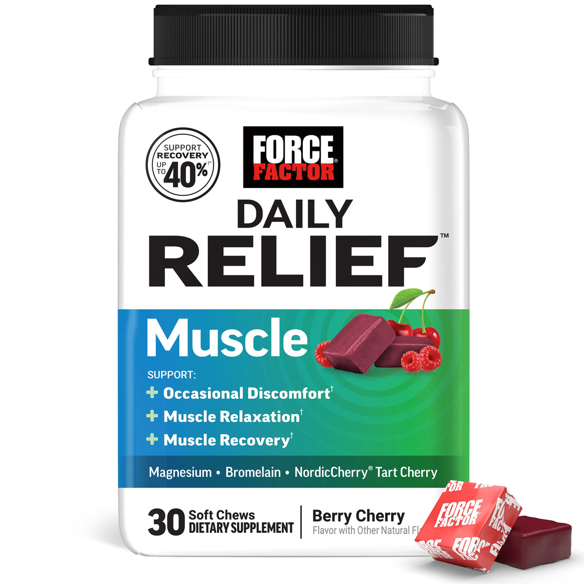 Force Factor Daily Relief Muscle Soft Chews Berry Cherry front view