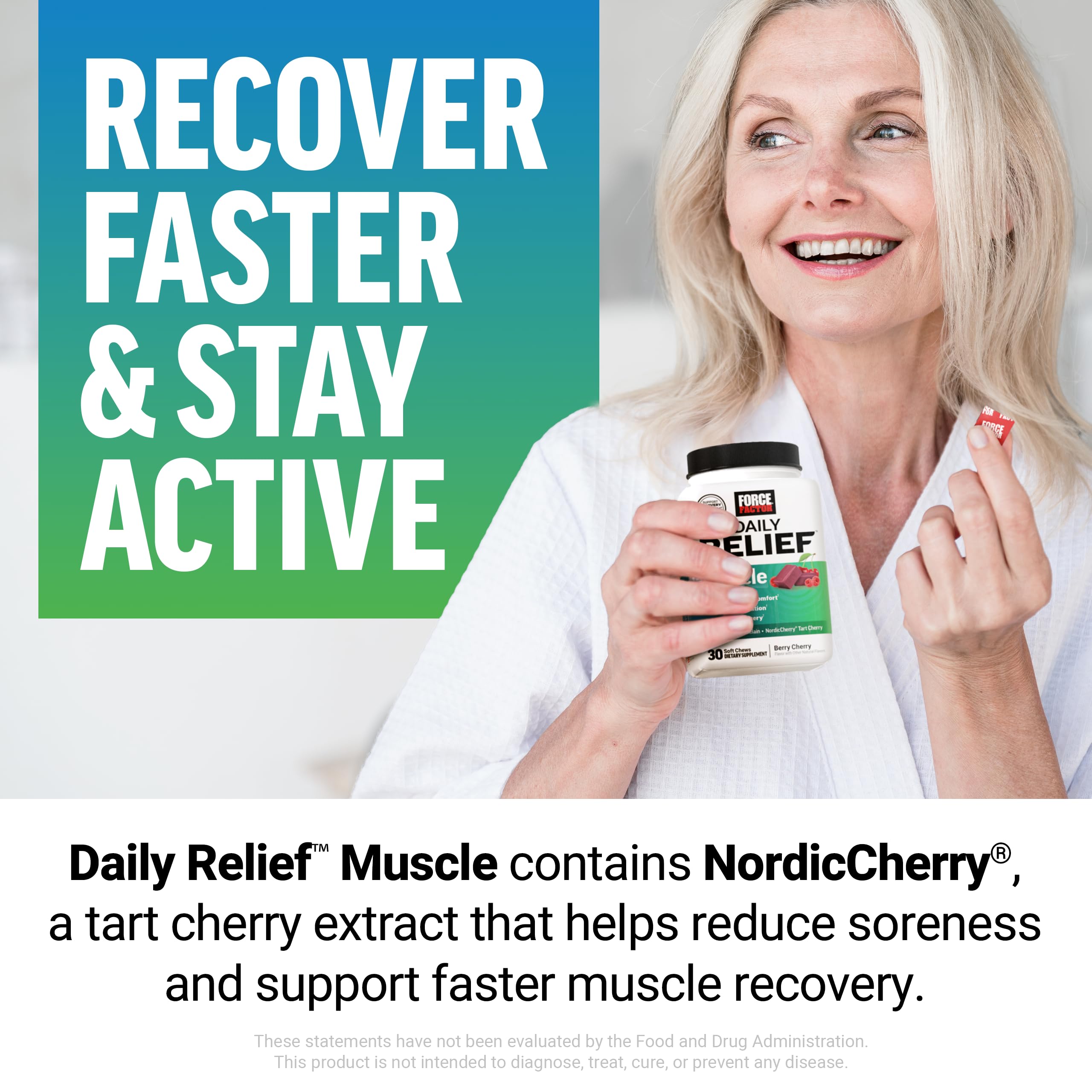 Force Factor Daily Relief Muscle Soft Chews Berry Cherry on a table