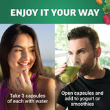 Force Factor Fruits & Veggies 2-Pack displayed with fresh fruits and vegetables