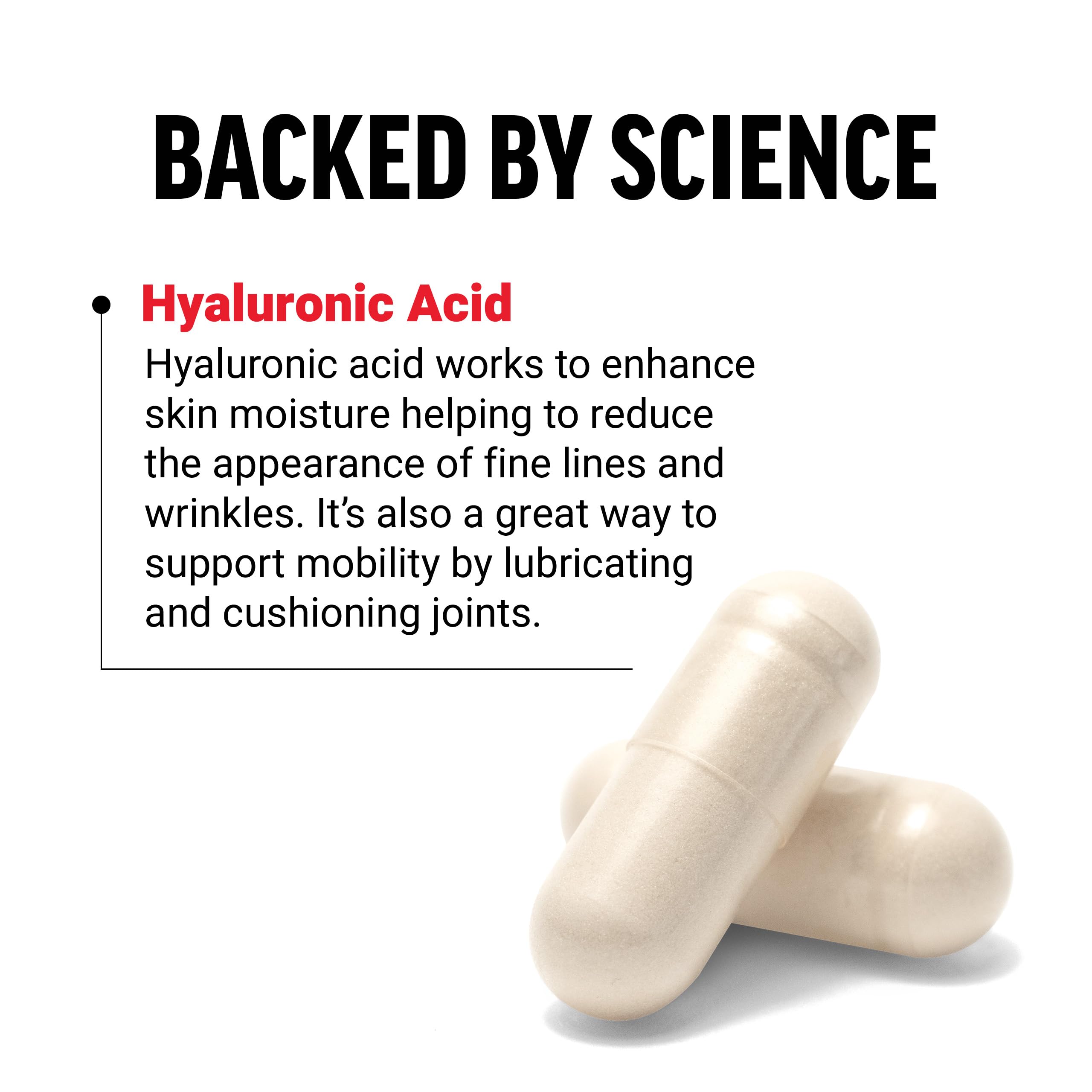 Force Factor Hyaluronic Acid Capsules on a wooden table