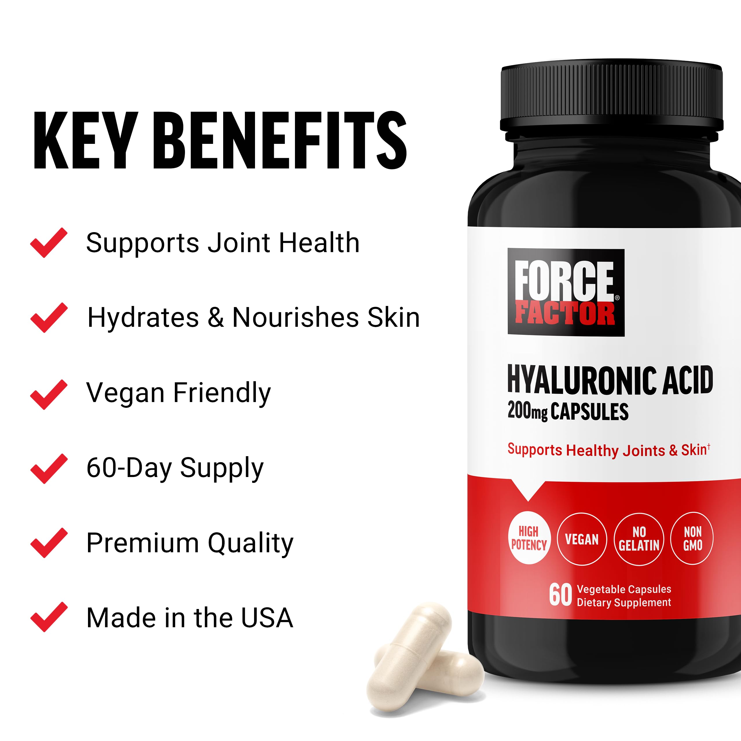 Force Factor Hyaluronic Acid Capsules side view with label