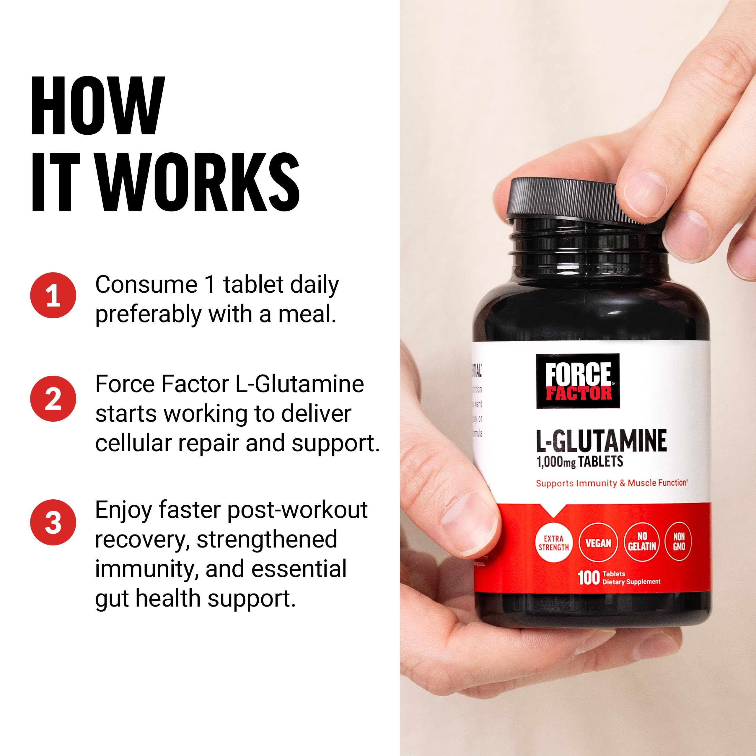 Force Factor L-Glutamine 1000mg tablets on a wooden table