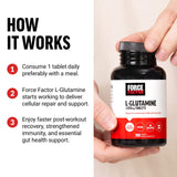 Force Factor L-Glutamine 1000mg tablets on a wooden table