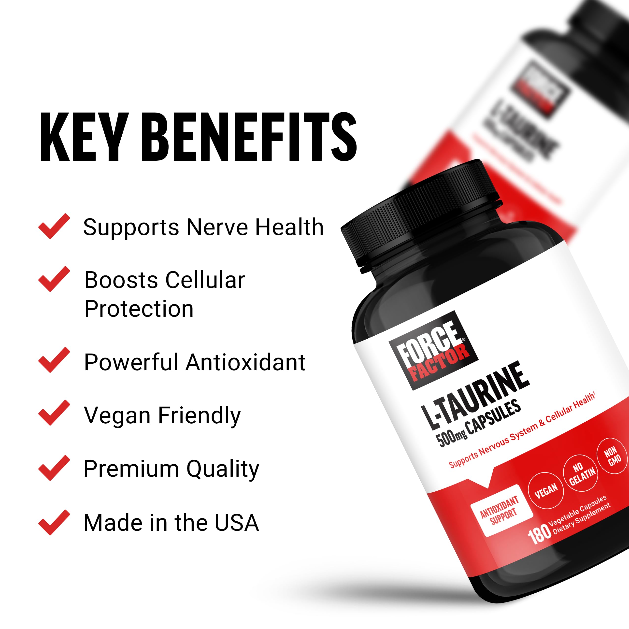Force Factor L-Taurine supplement capsules close-up