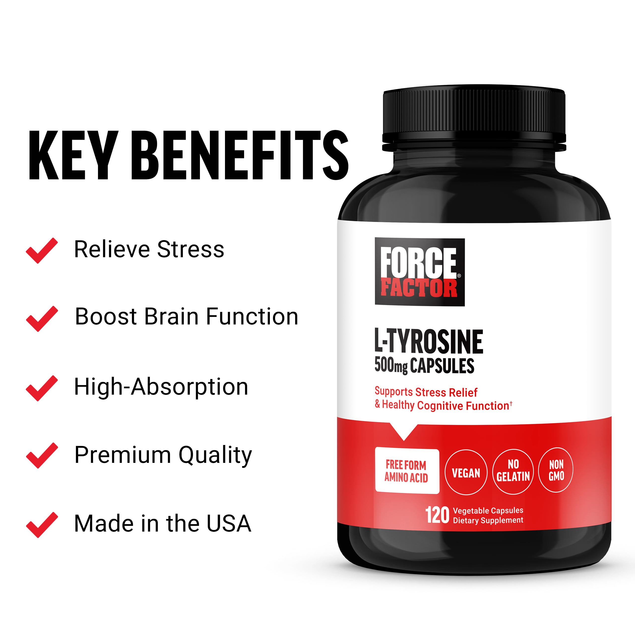 Force Factor L-Tyrosine 500mg Capsules side view