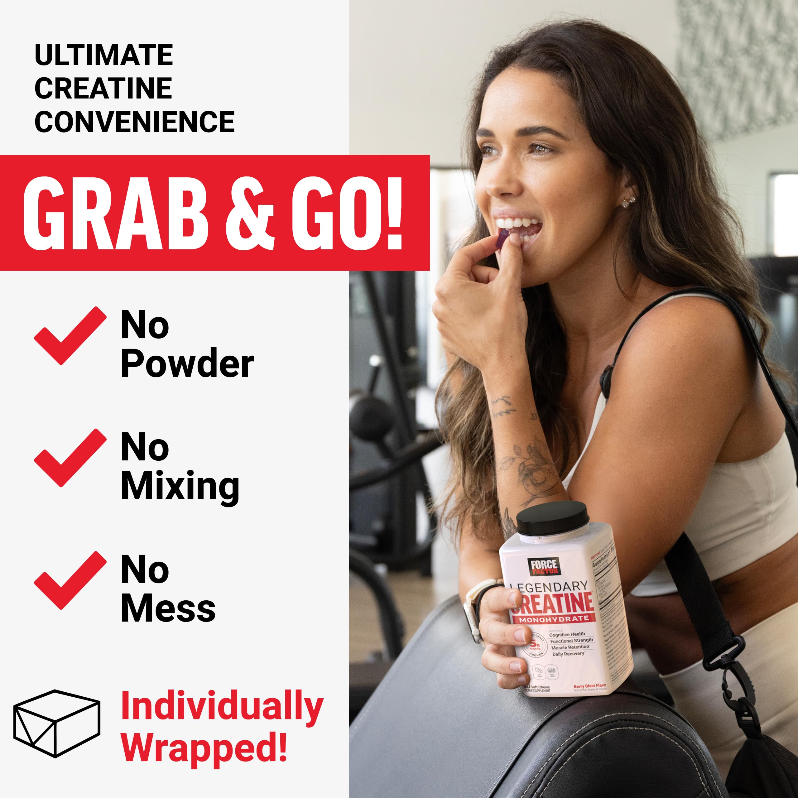 Force Factor Legendary Creatine Soft Chews displayed with a measuring scoop