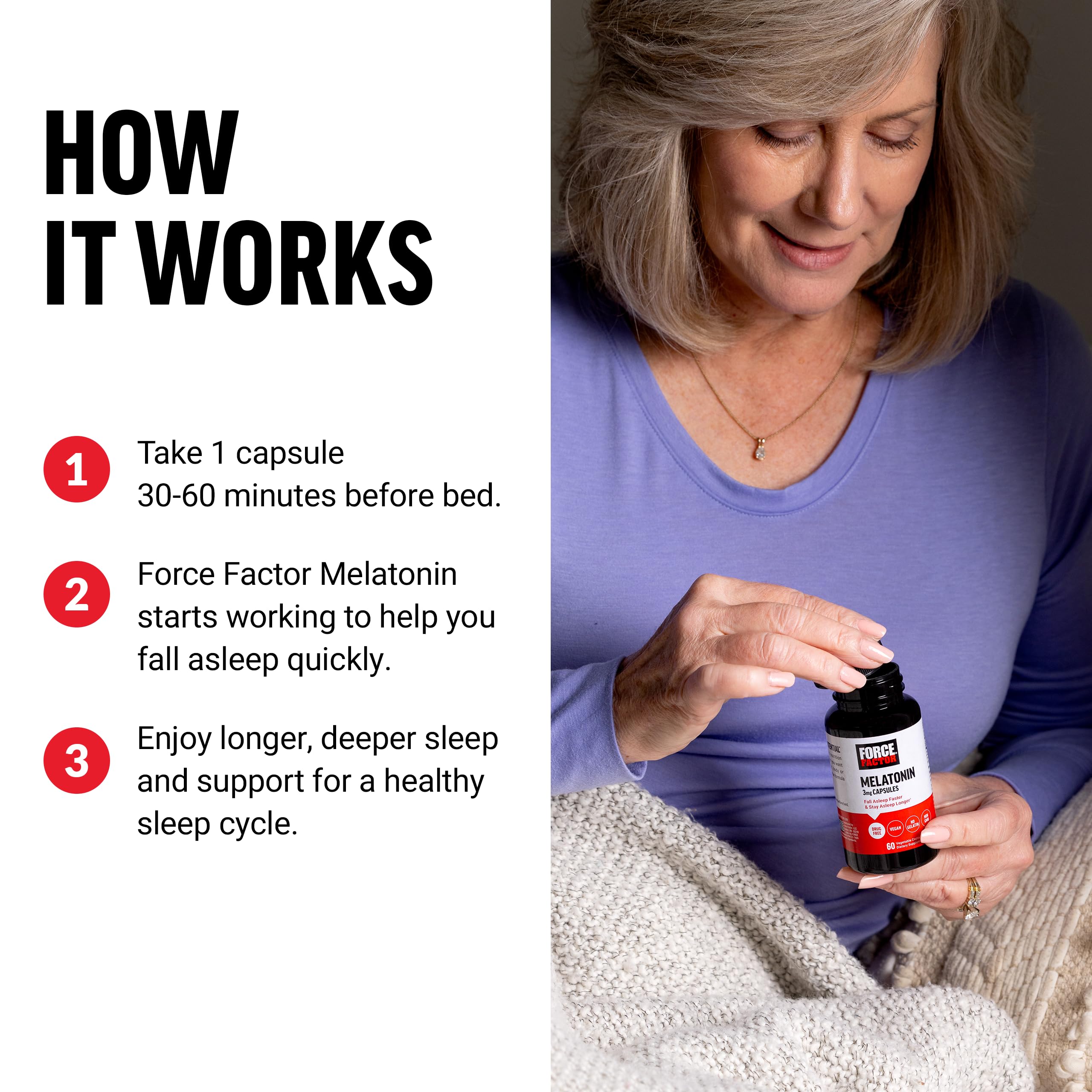 Force Factor Melatonin 5mg capsules on a wooden table