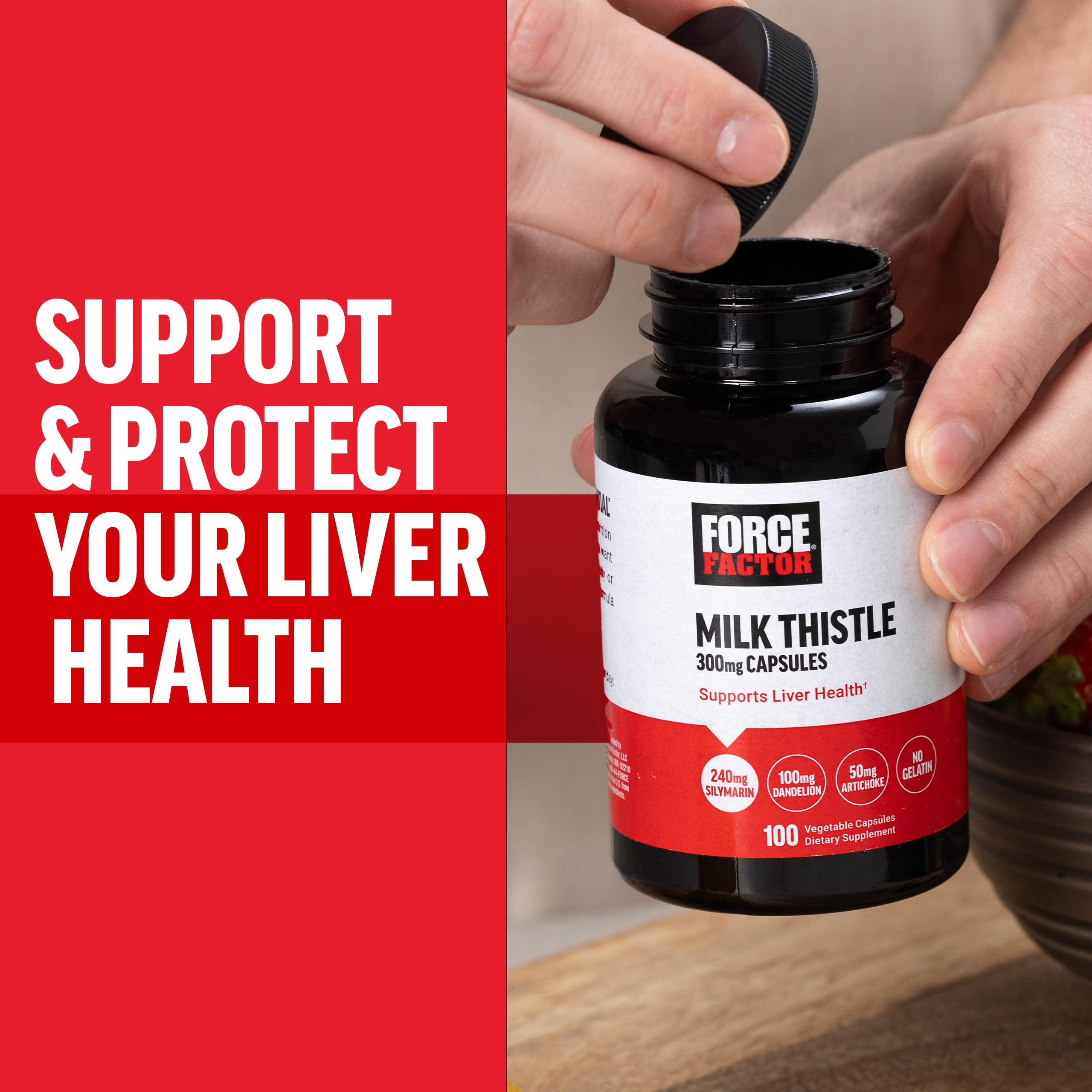 Force Factor Milk Thistle supplement with a measuring spoon