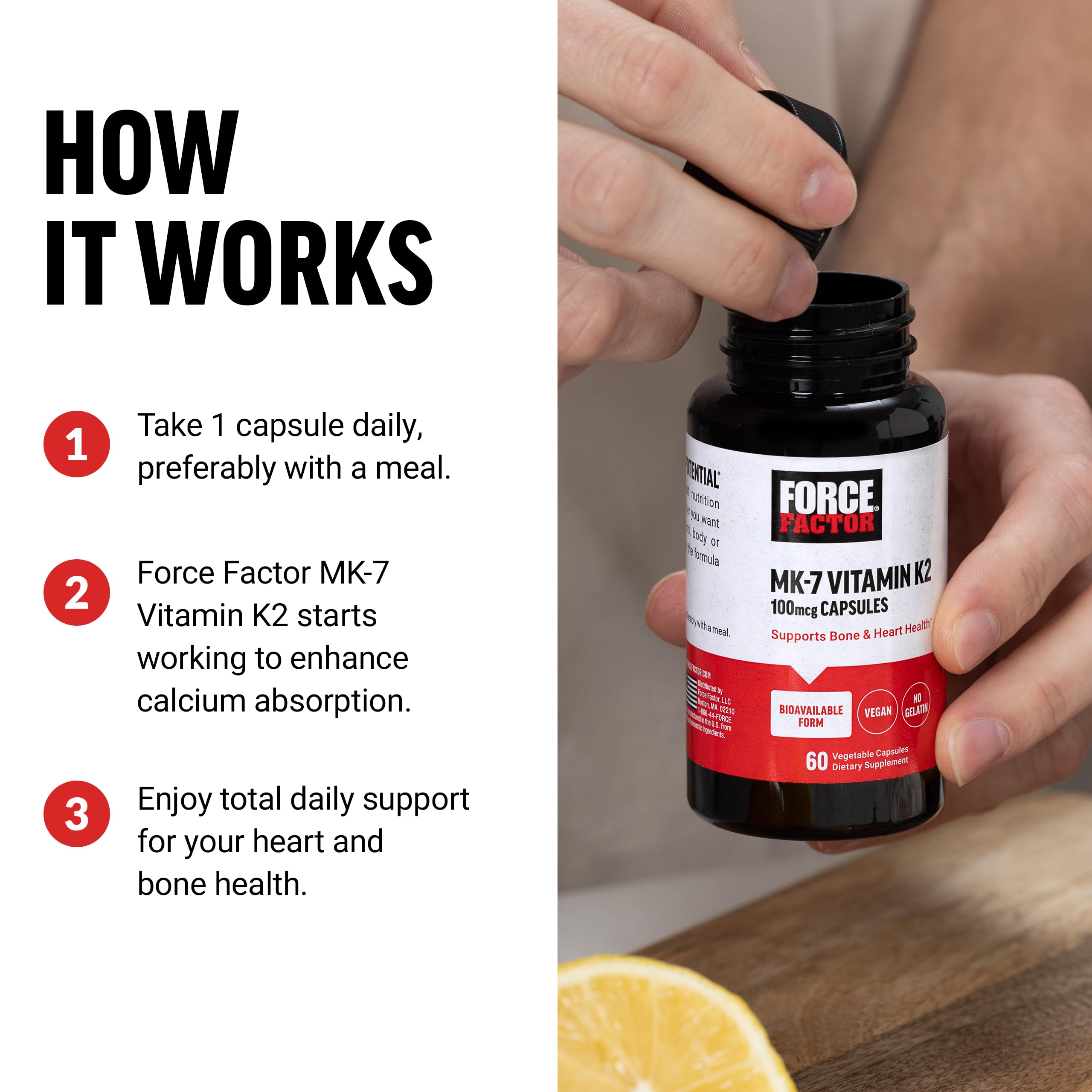 Force Factor MK-7 Vitamin K2 100mcg supplement bottle with dosage