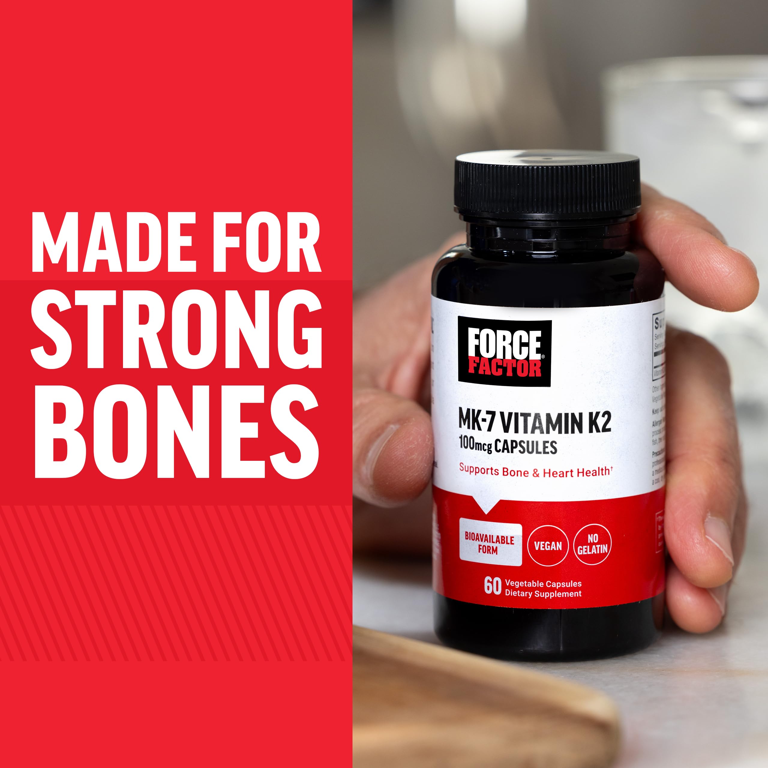Force Factor MK-7 Vitamin K2 100mcg supplement with a measuring spoon