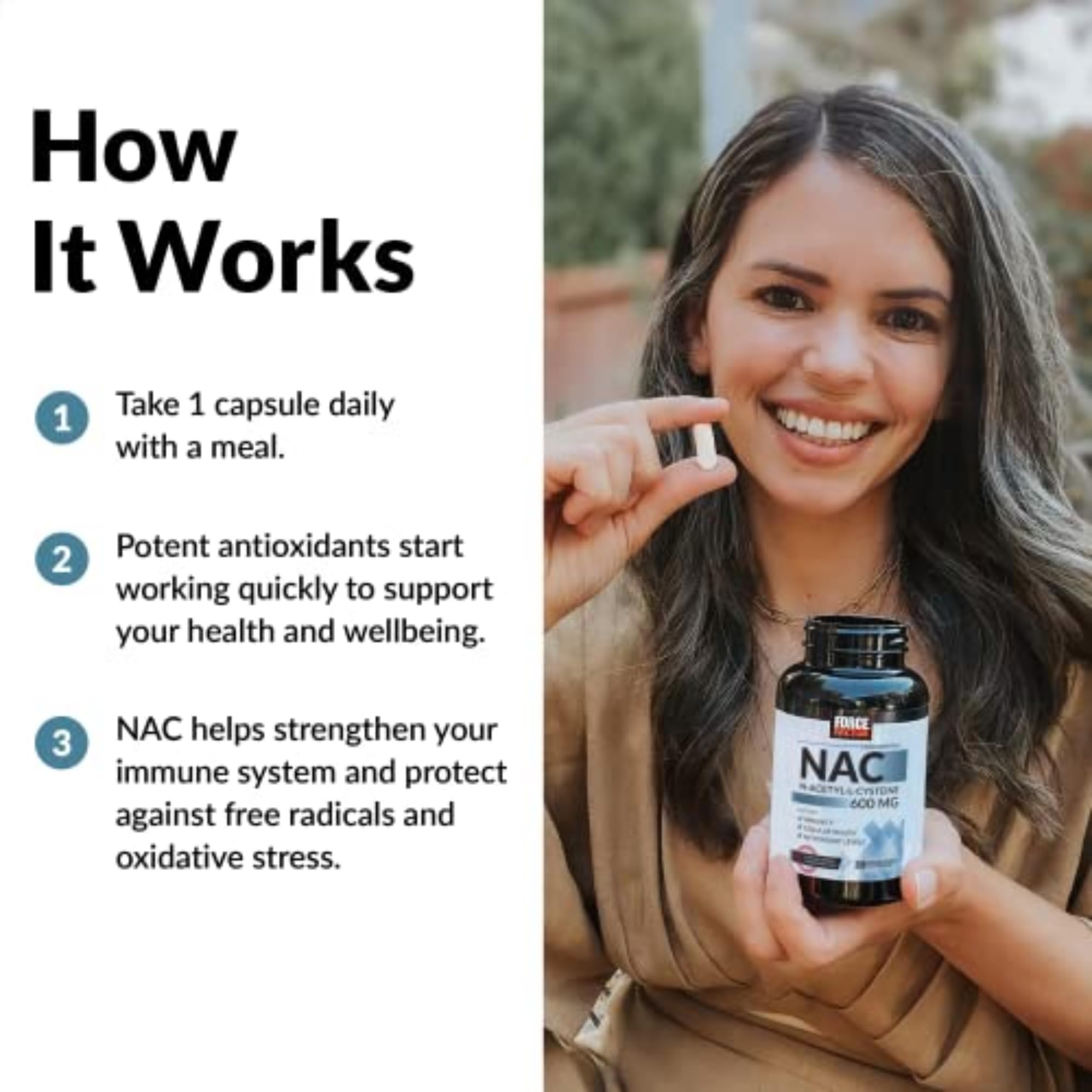 Force Factor N-Acetyl-L-Cysteine NAC 600 mg supplement in a bottle