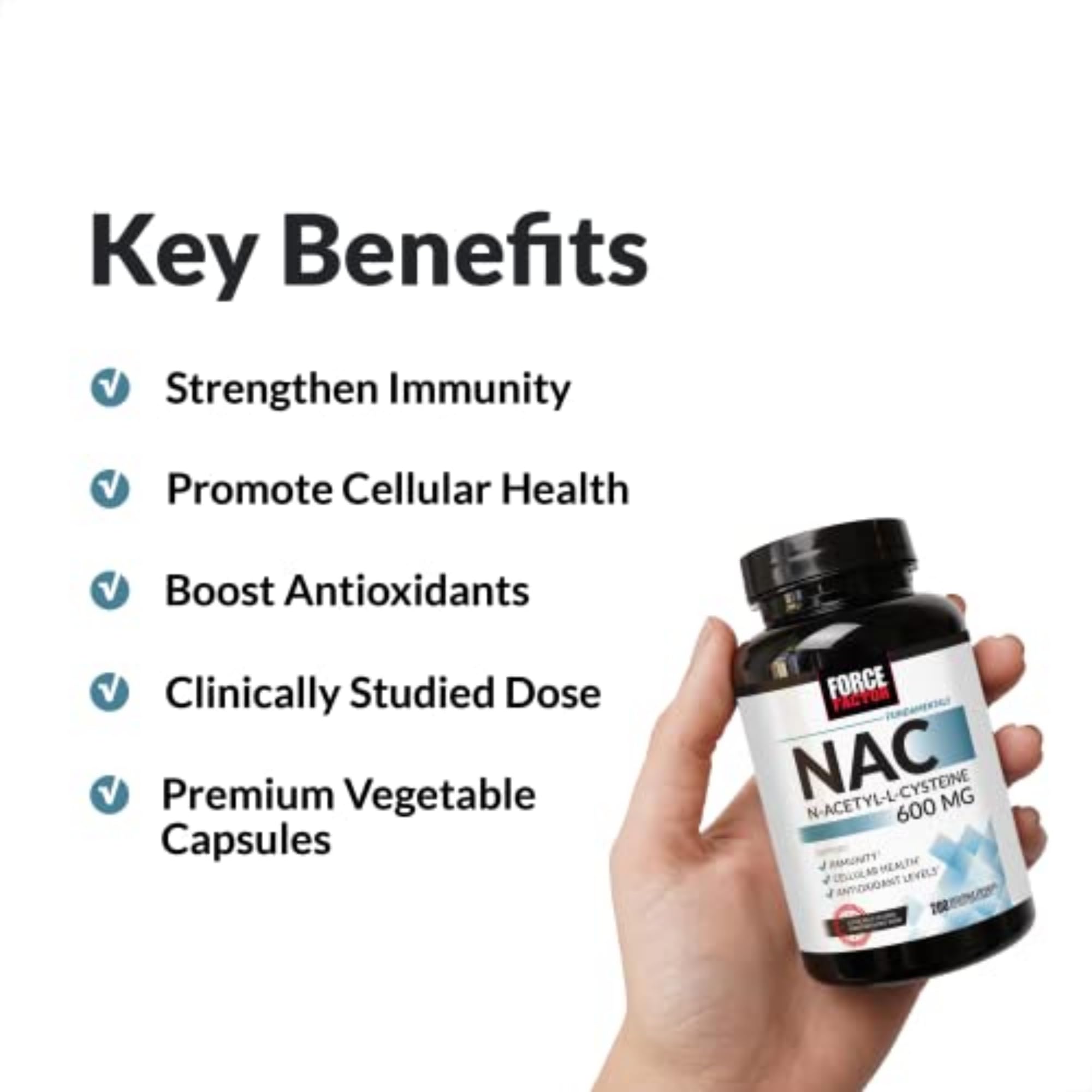 Force Factor N-Acetyl-L-Cysteine NAC 600 mg supplement side view