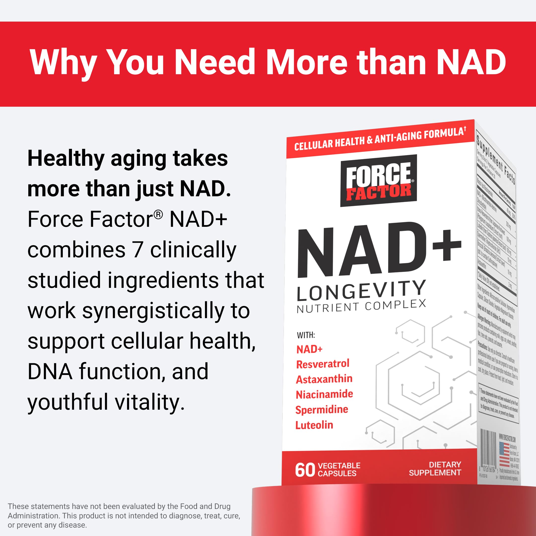 Force Factor NAD+ Longevity Nutrient Complex 40g supplement capsule close-up