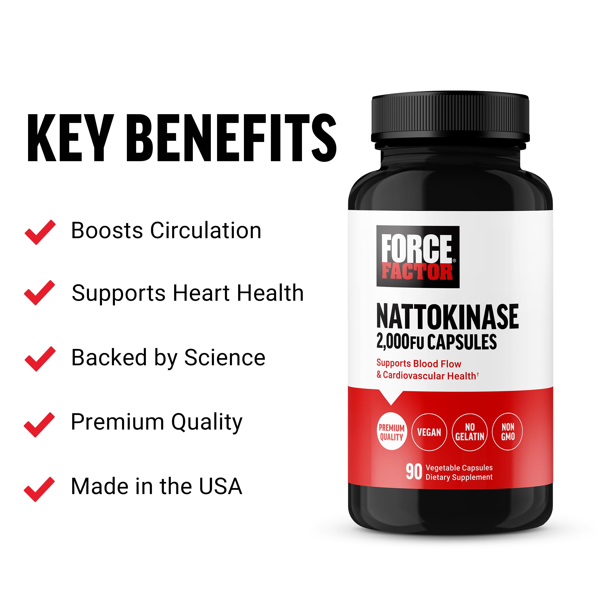 Force Factor Nattokinase 2000 FU supplement side view showing nutritional information