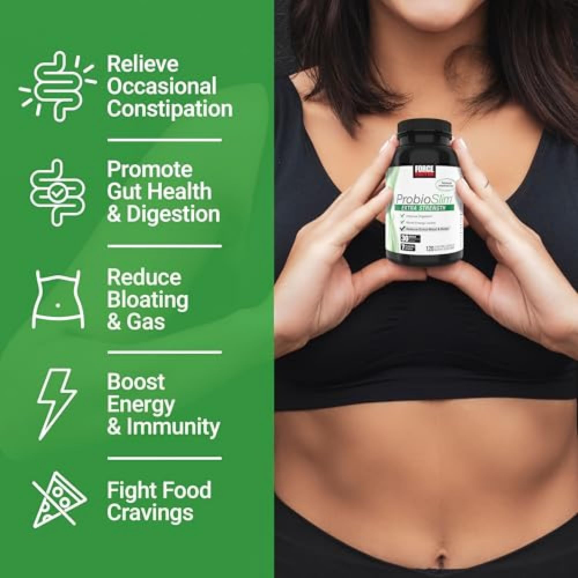 Force Factor ProbioSlim Extra Strength Probiotic capsule bottle side view
