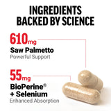 Force Factor Saw Palmetto Supplement capsules on a table