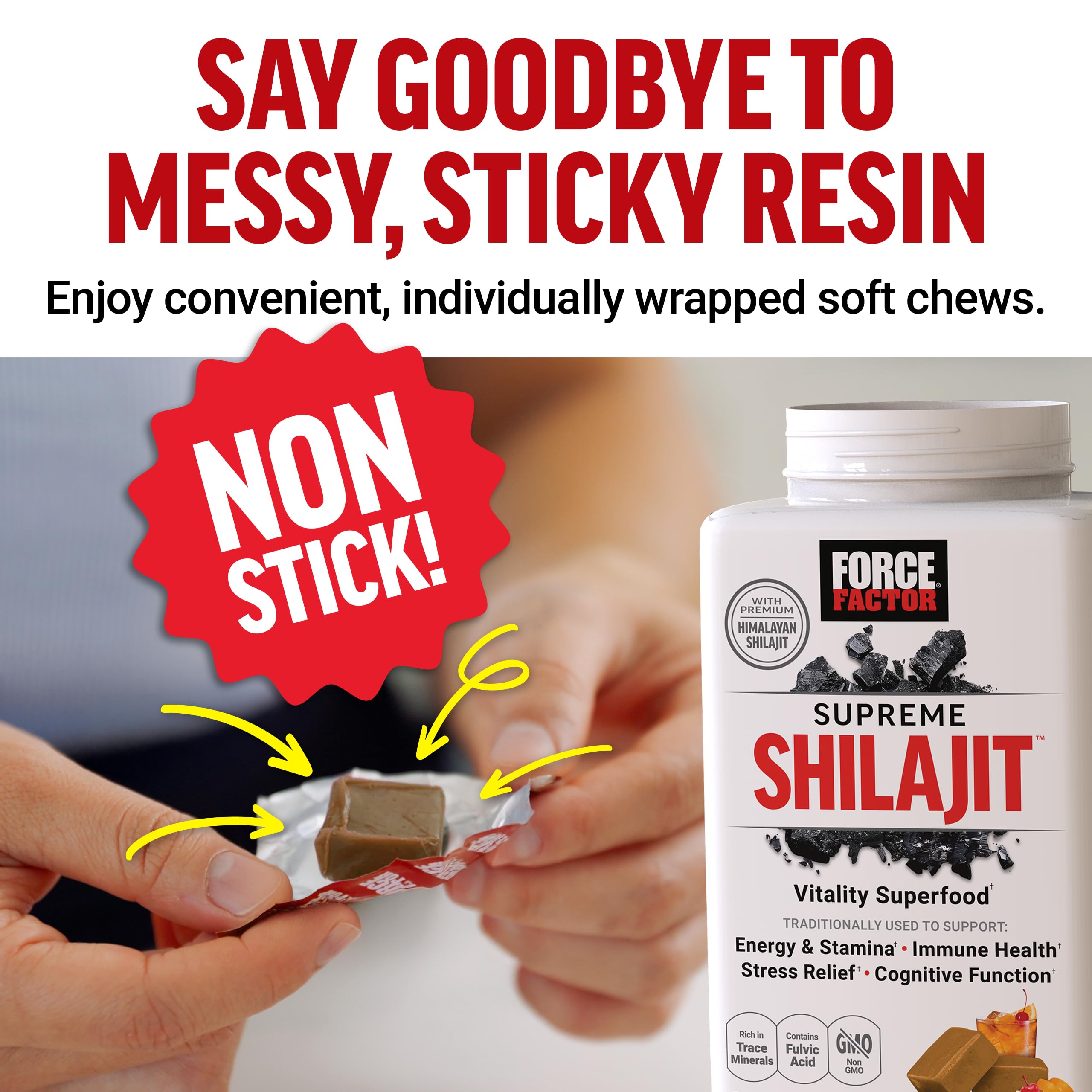 Force Factor Shilajit Soft Chews with Himalayan backdrop