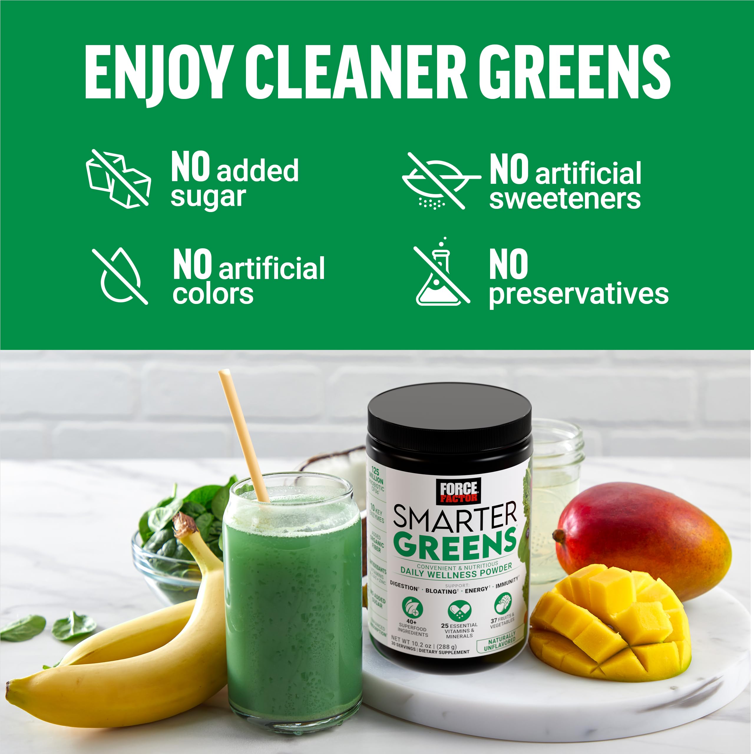 Force Factor Smarter Greens Daily Wellness Powder on kitchen counter