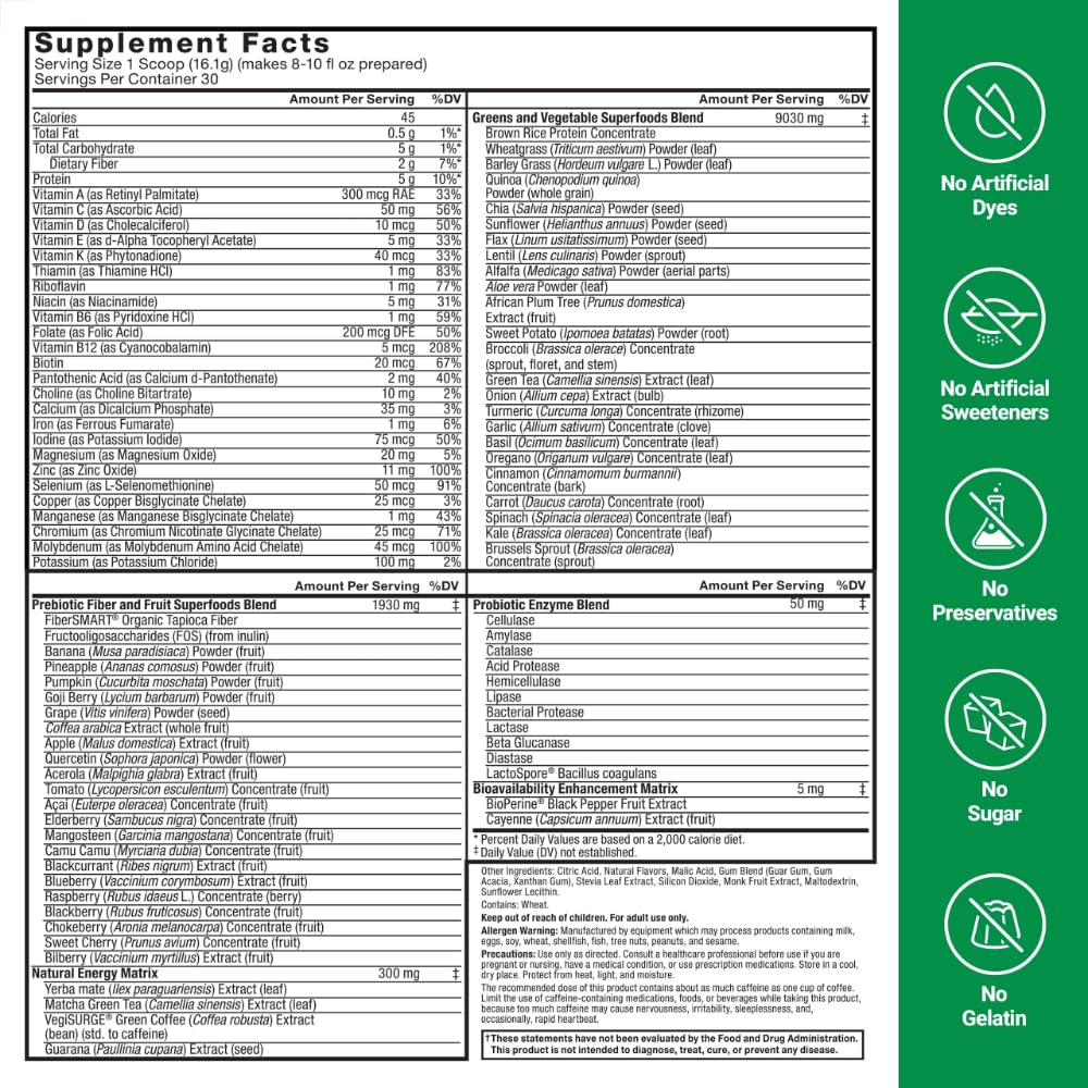 Force Factor Smarter Greens Superfoods + Energy Powder with fruits and vegetables