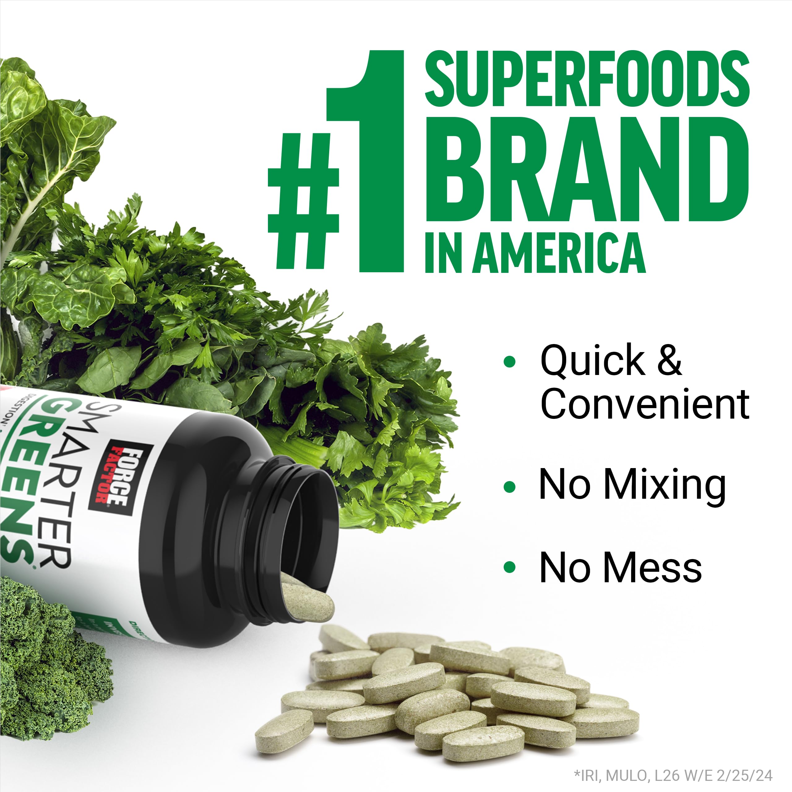 Force Factor Smarter Greens Tablets displayed with fresh vegetables