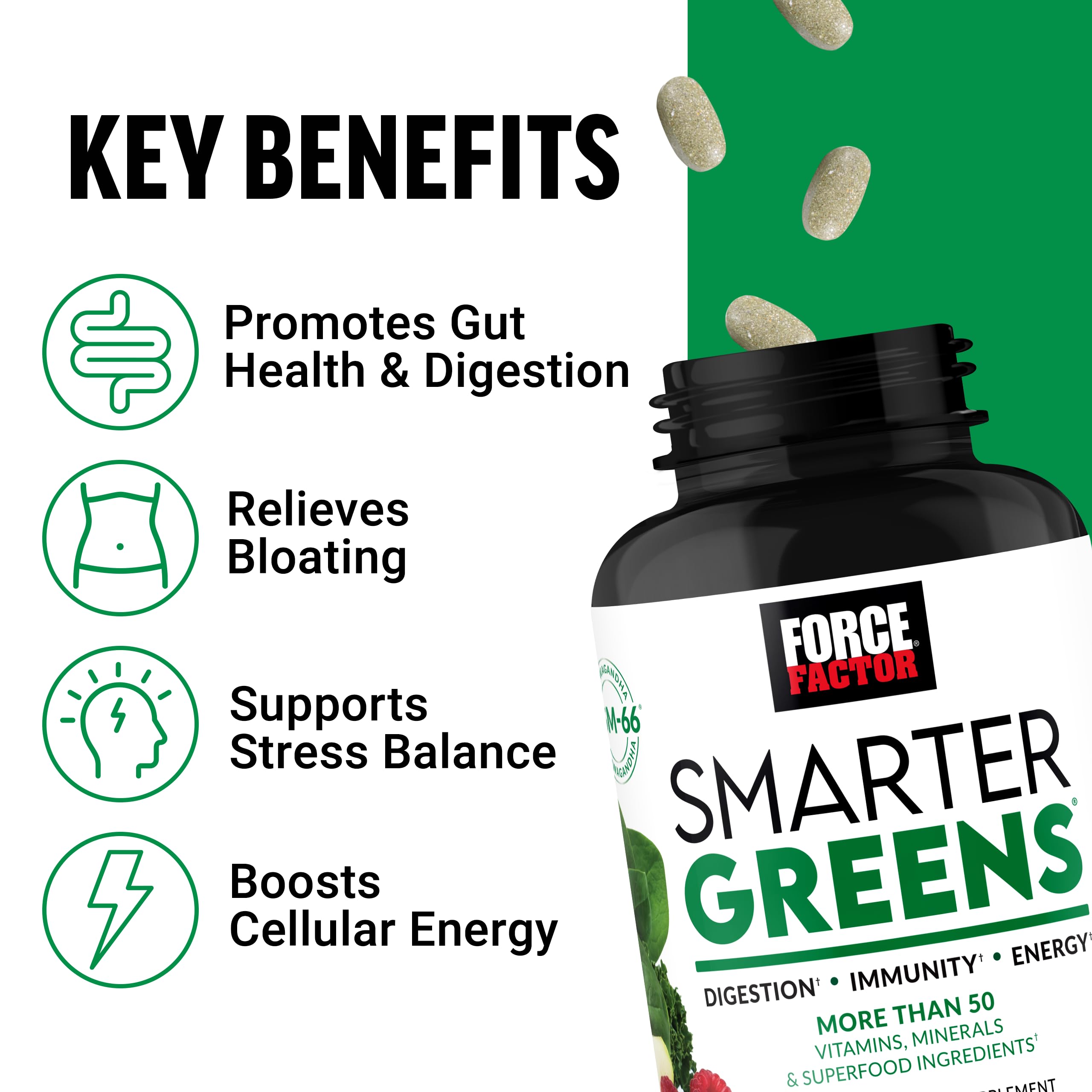 Force Factor Smarter Greens Tablets side view showing tablet count