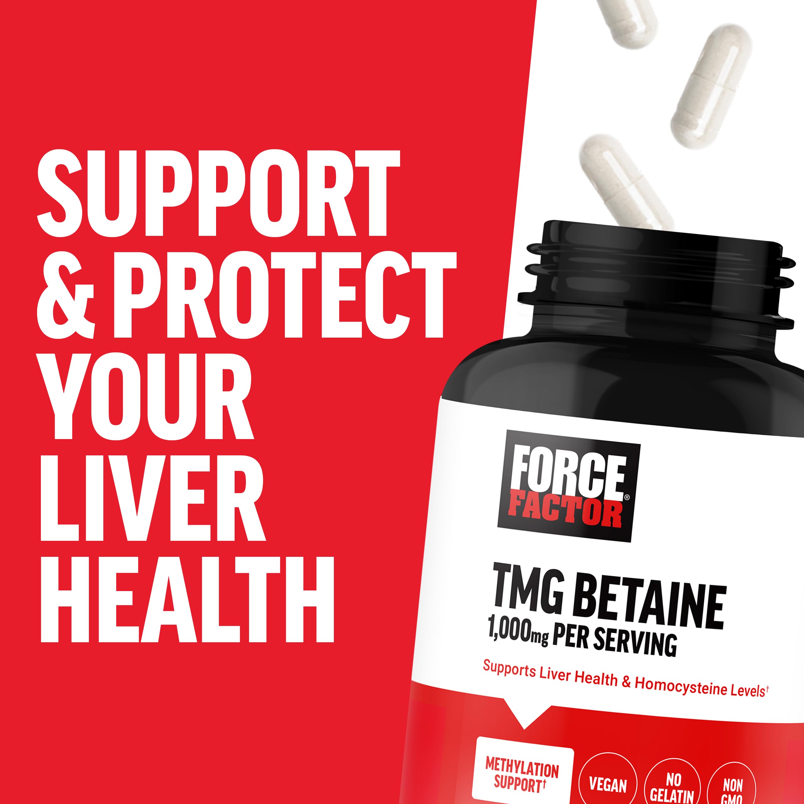 Force Factor TMG Betaine supplement with a green plant background