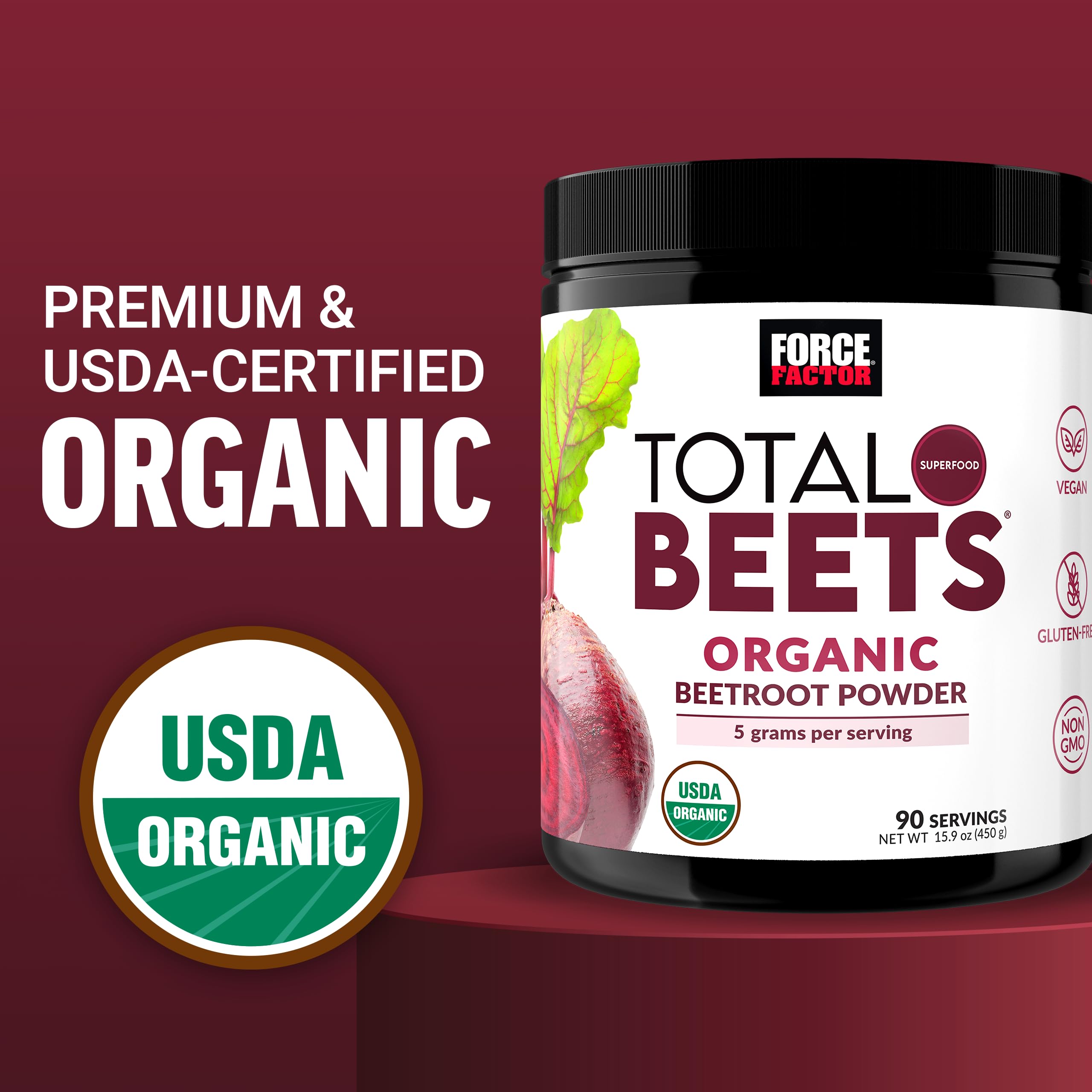 Force Factor Total Beets Organic Beetroot Powder on a kitchen counter