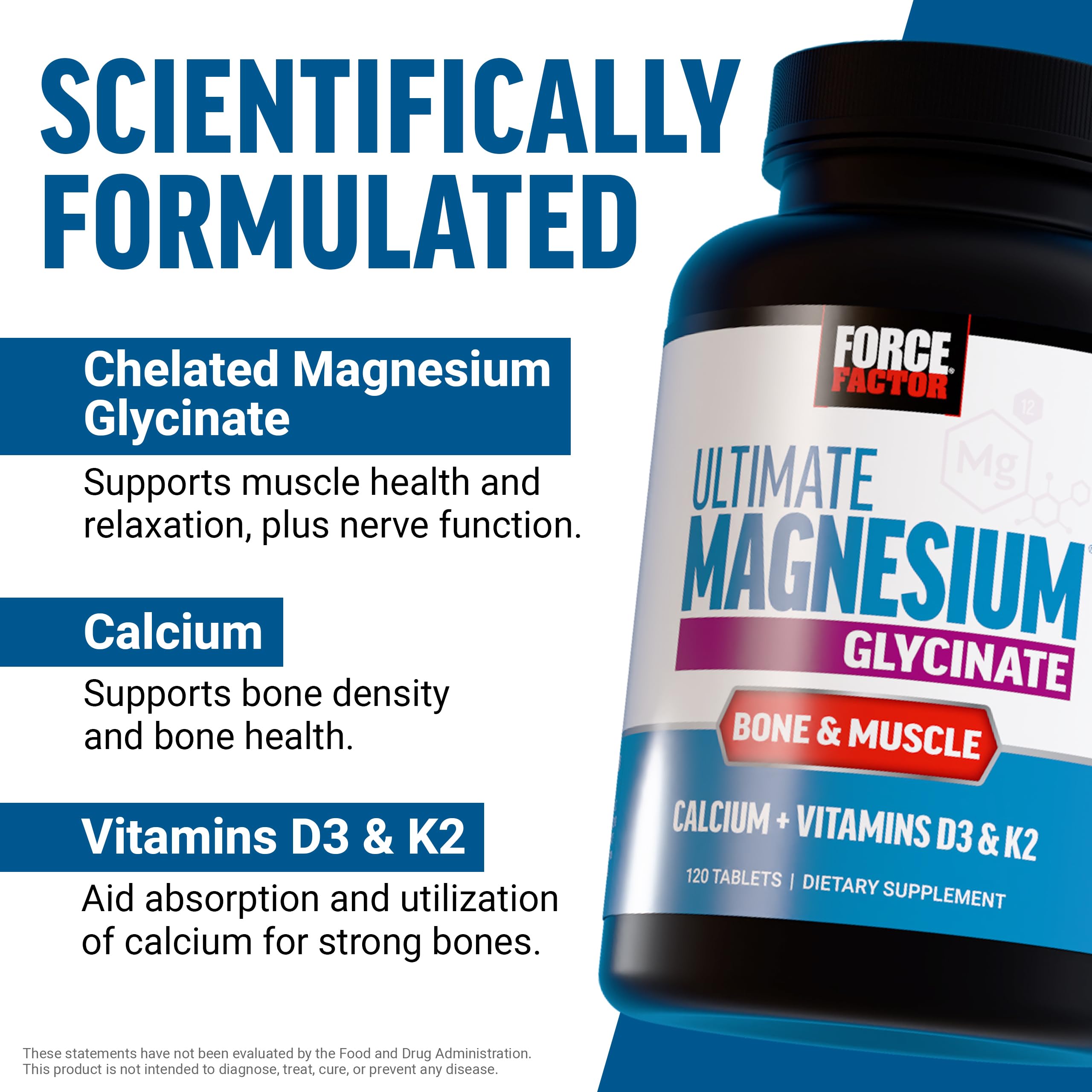 Force Factor Ultimate Magnesium Bone & Muscle tablets on a table