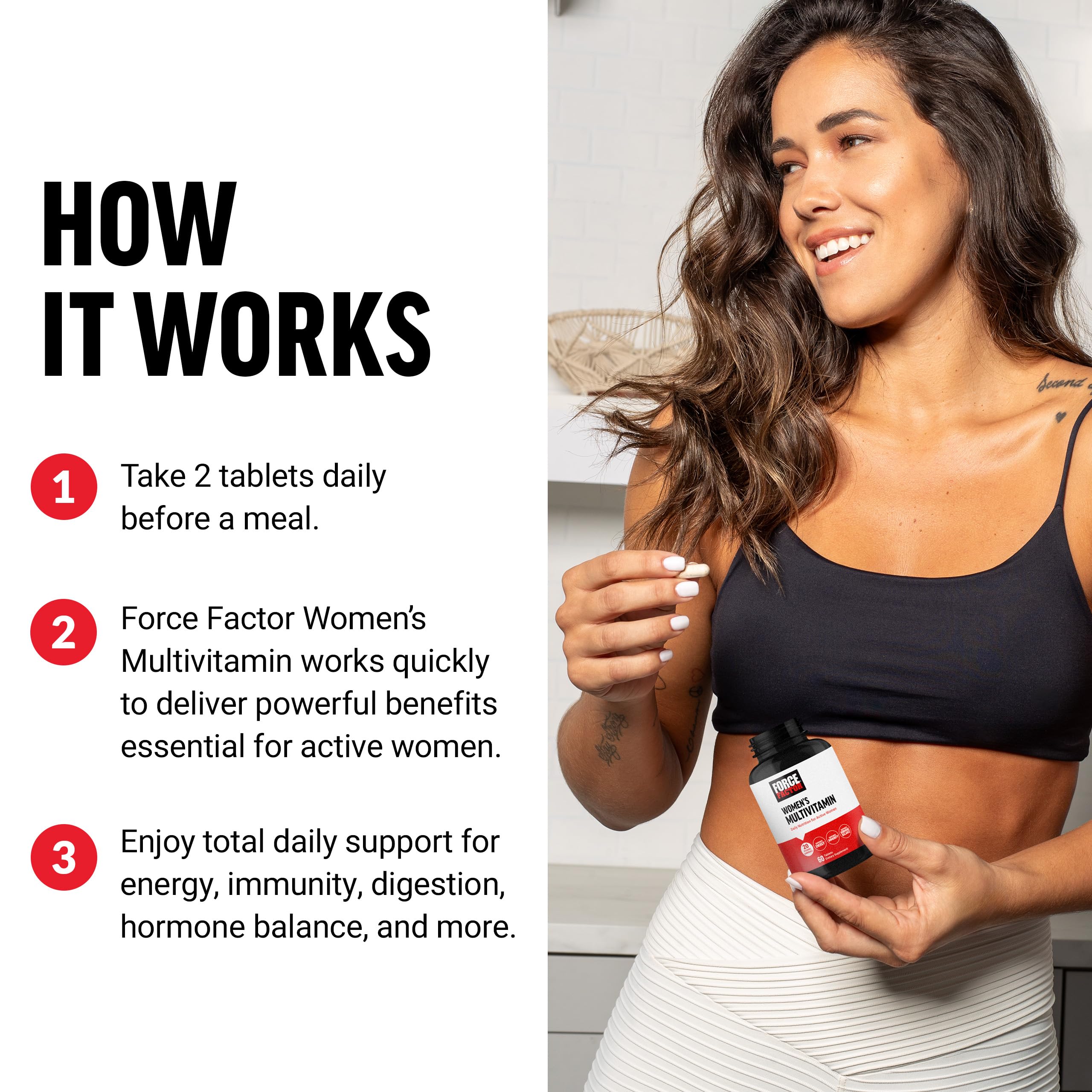 Force Factor Women's Multivitamin bottle with cap open
